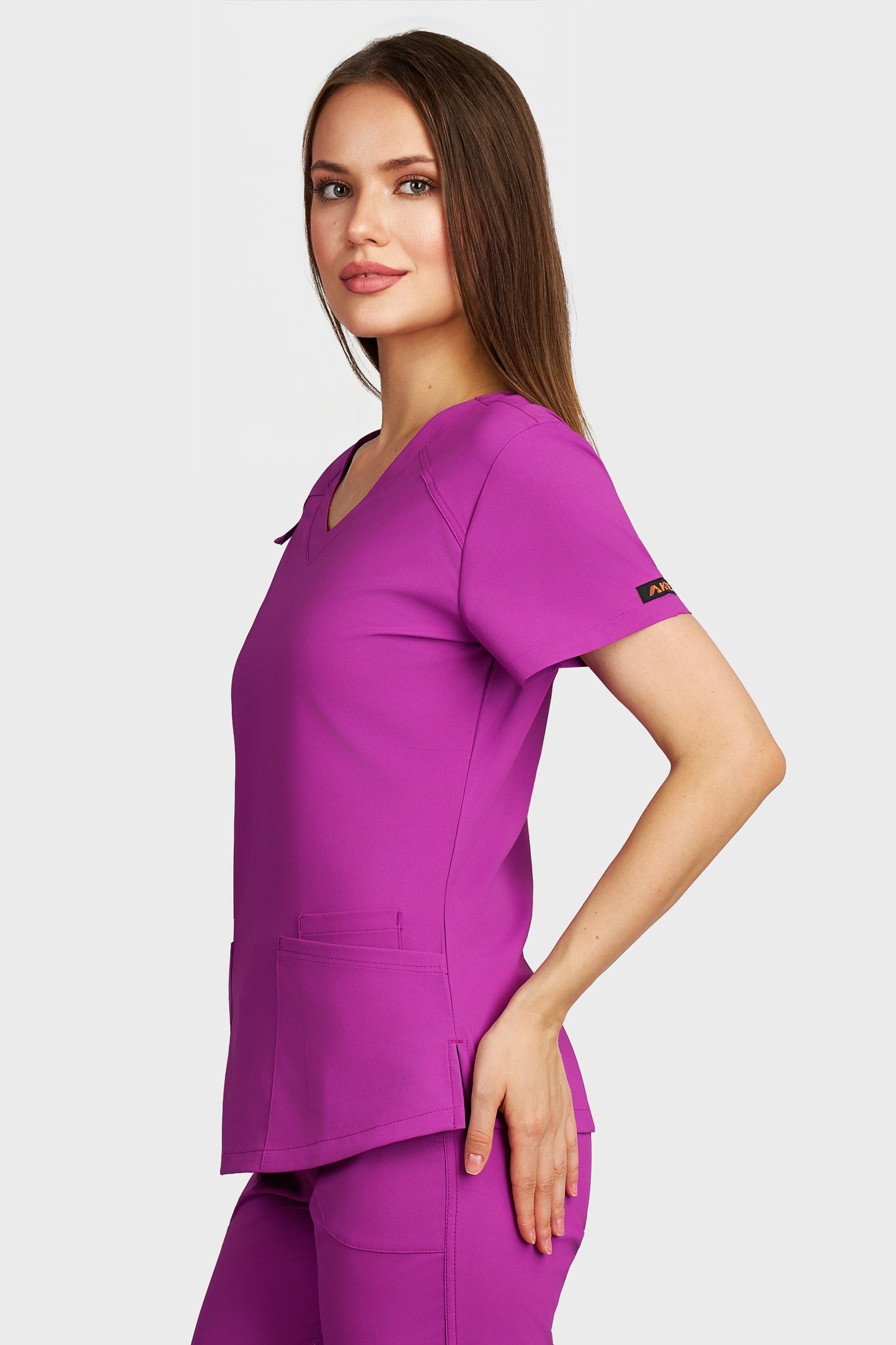 Bluza medicala femei Carmen mov stretch - vedere laterala - AKITEX