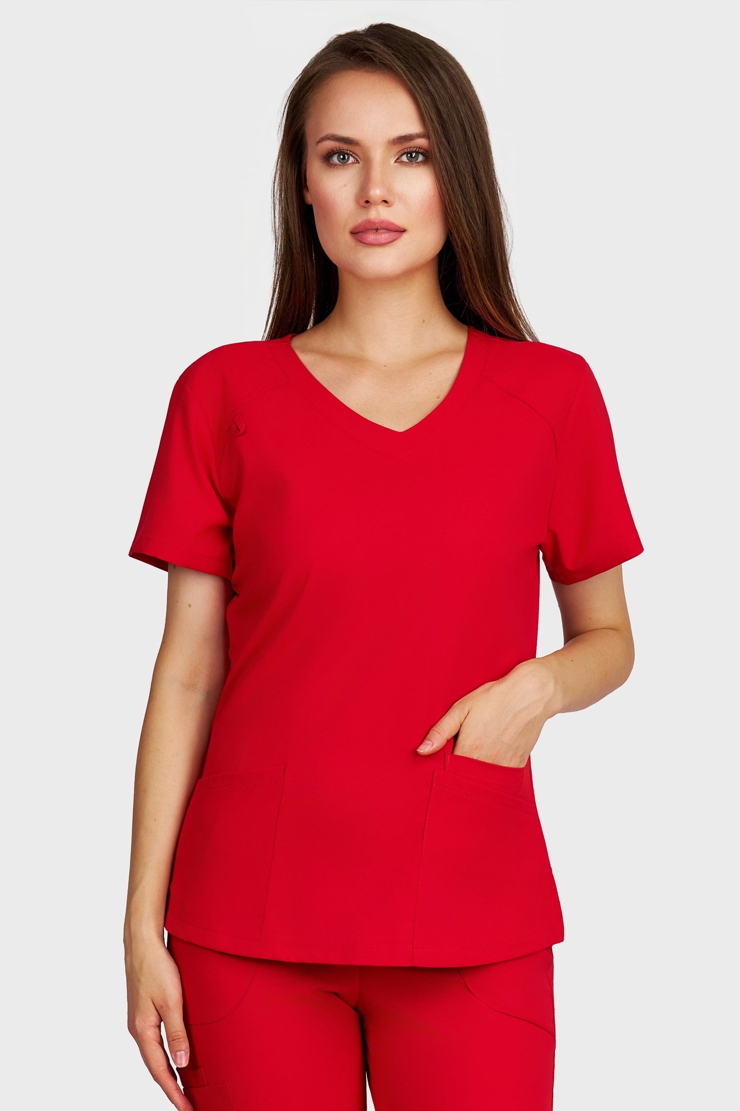 Bluza medicala femei Carmen rosu stretch - vedere din fata - AKITEX