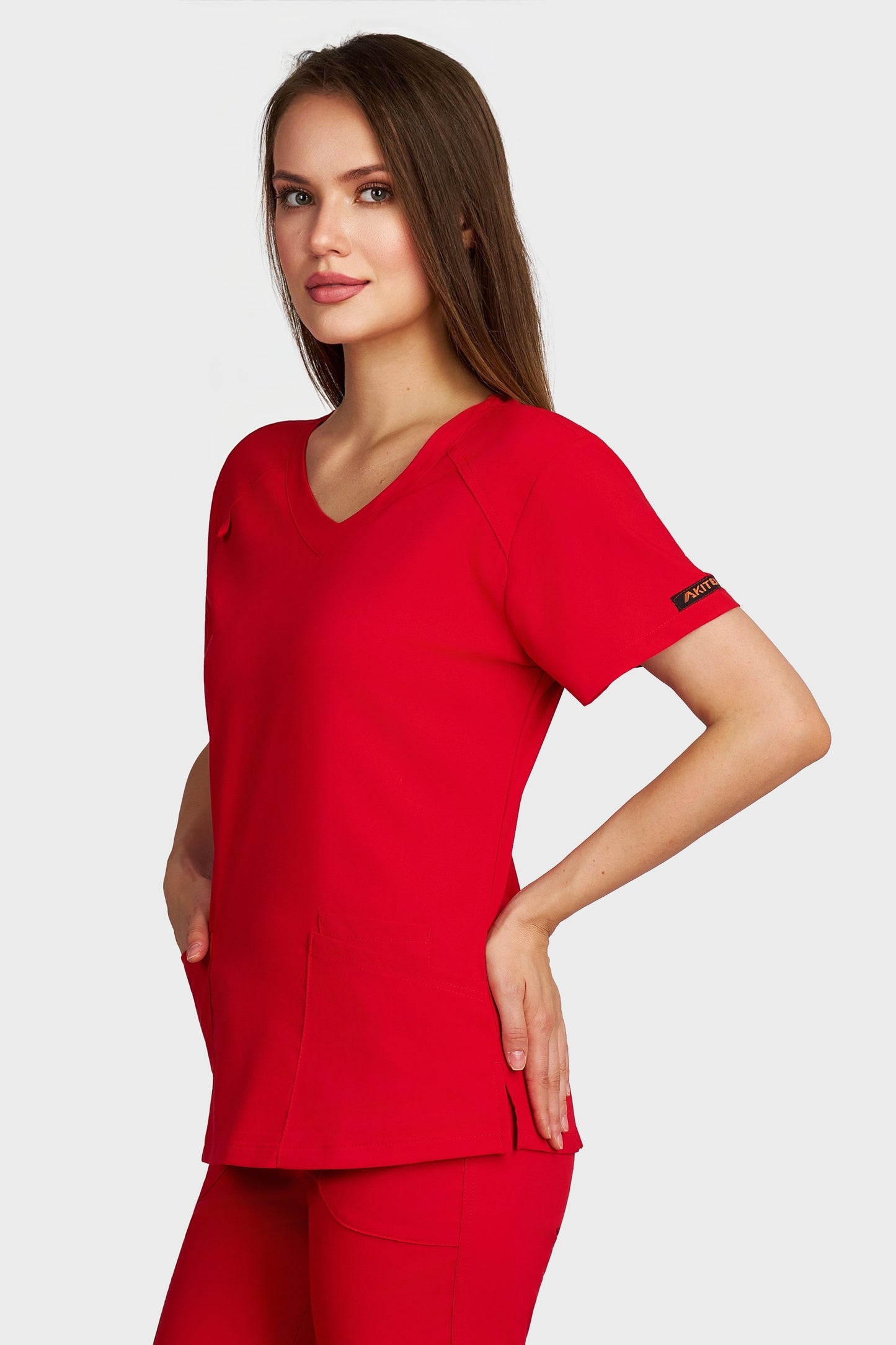 Bluza medicala femei Carmen rosu stretch - vedere laterala - AKITEX