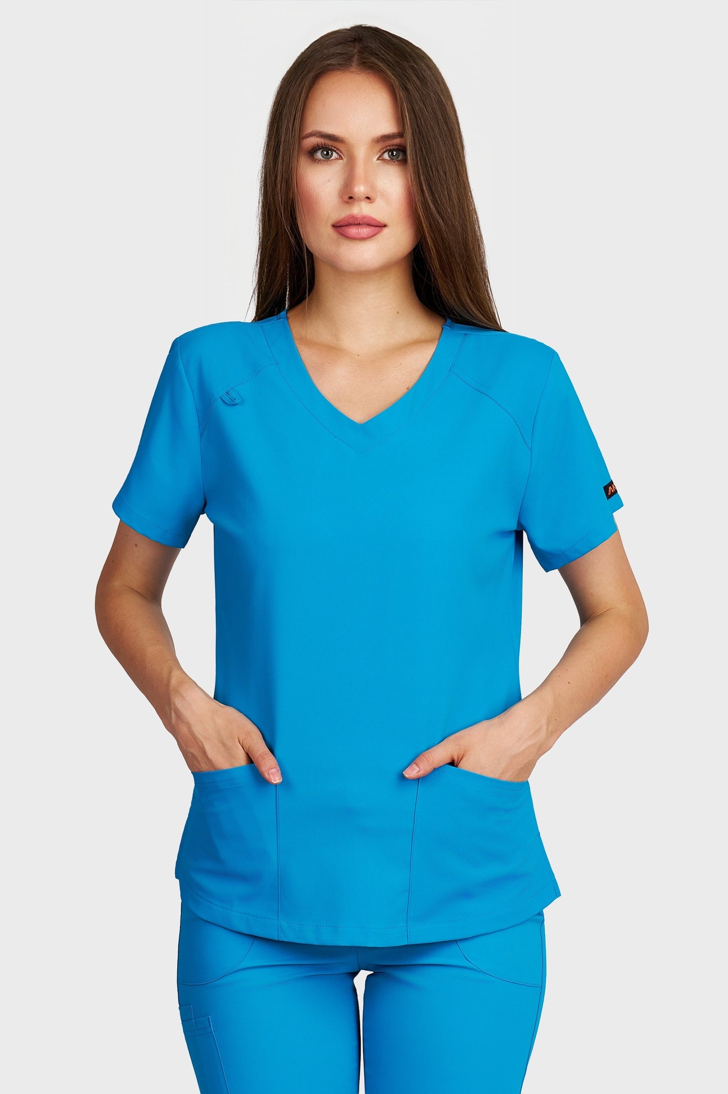 Bluza medicala femei Carmen turcoaz stretch - vedere din fata - AKITEX