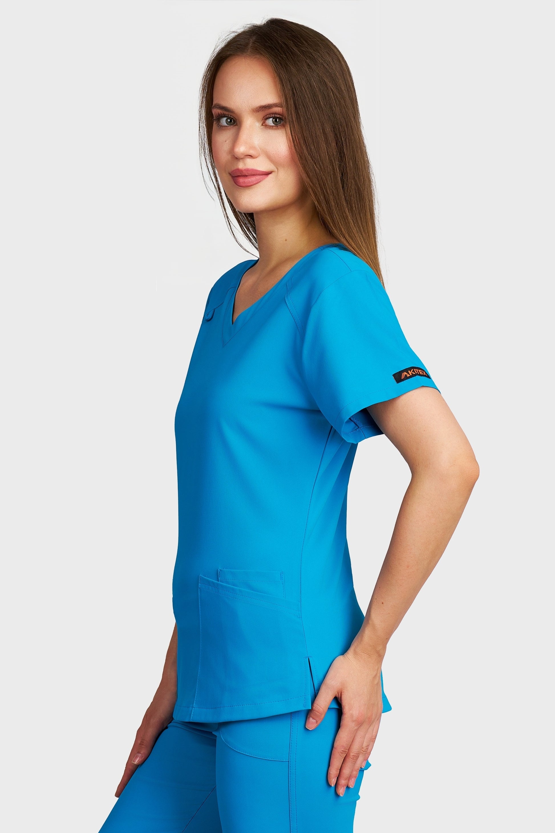 Bluza medicala femei Carmen turcoaz stretch - vedere laterala - AKITEX
