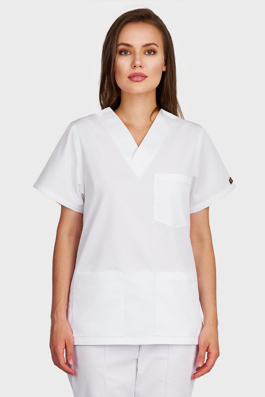 Bluza medicala femei cu guler in V alb - vedere din fata - AKITEX