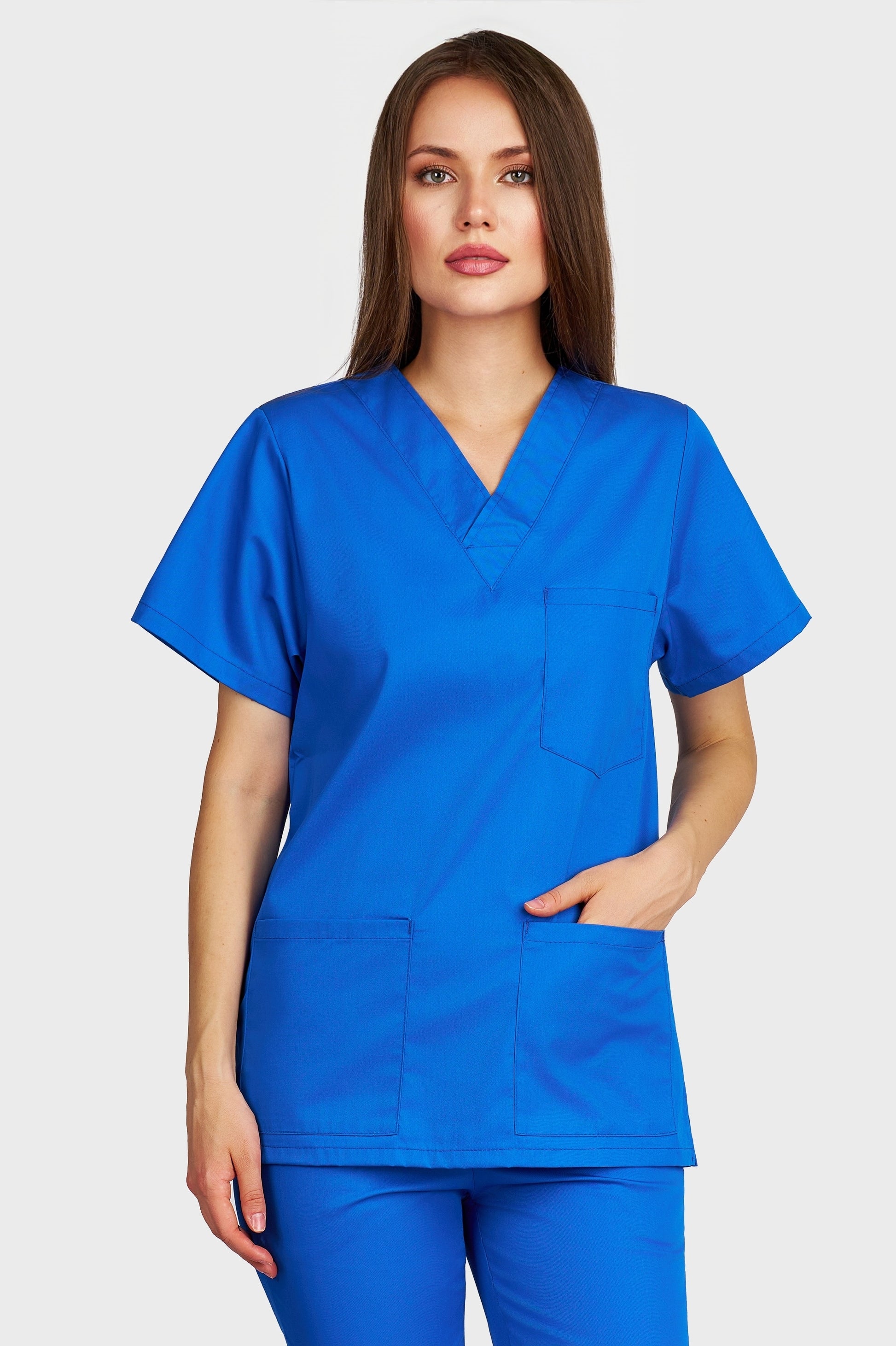 Bluza medicala femei cu guler in V albastru royal - vedere din fata - AKITEX