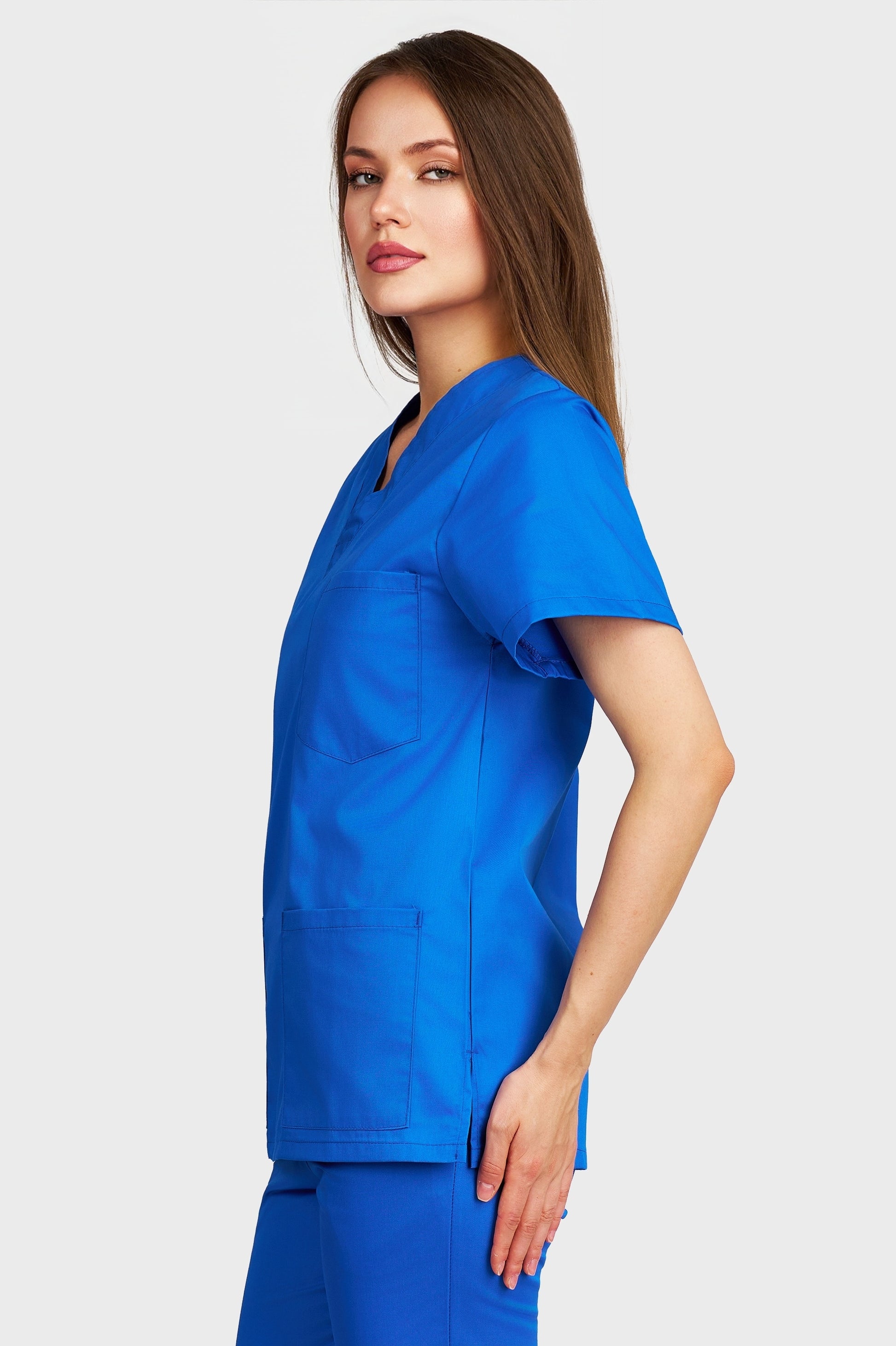 Bluza medicala femei cu guler in V albastru royal - vedere laterala - AKITEX