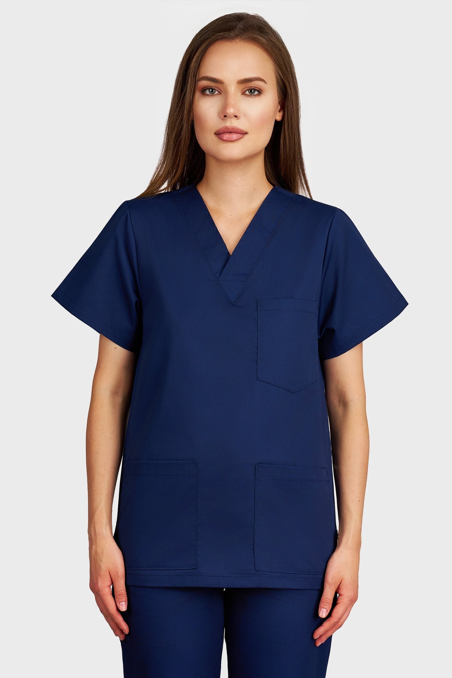 Bluza medicala femei cu guler in V bleumarin - vedere din fata - AKITEX