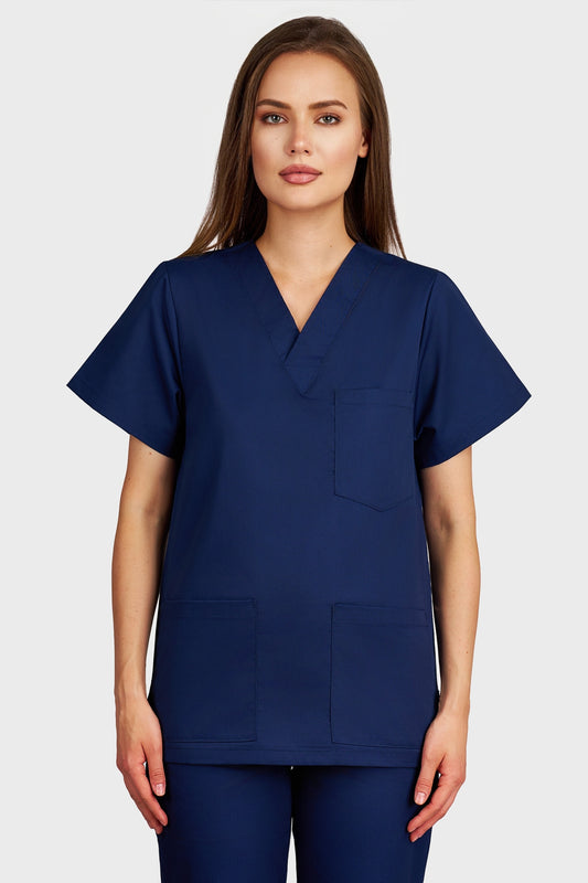 Bluza medicala femei cu guler in V bleumarin - vedere din fata - AKITEX
