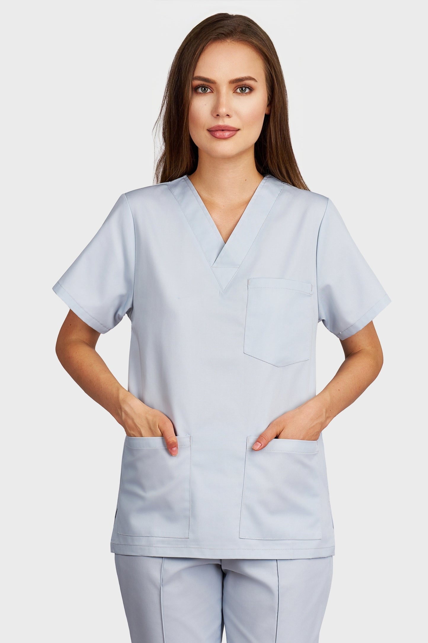 Bluza medicala femei cu guler in V gri - vedere din fata - AKITEX