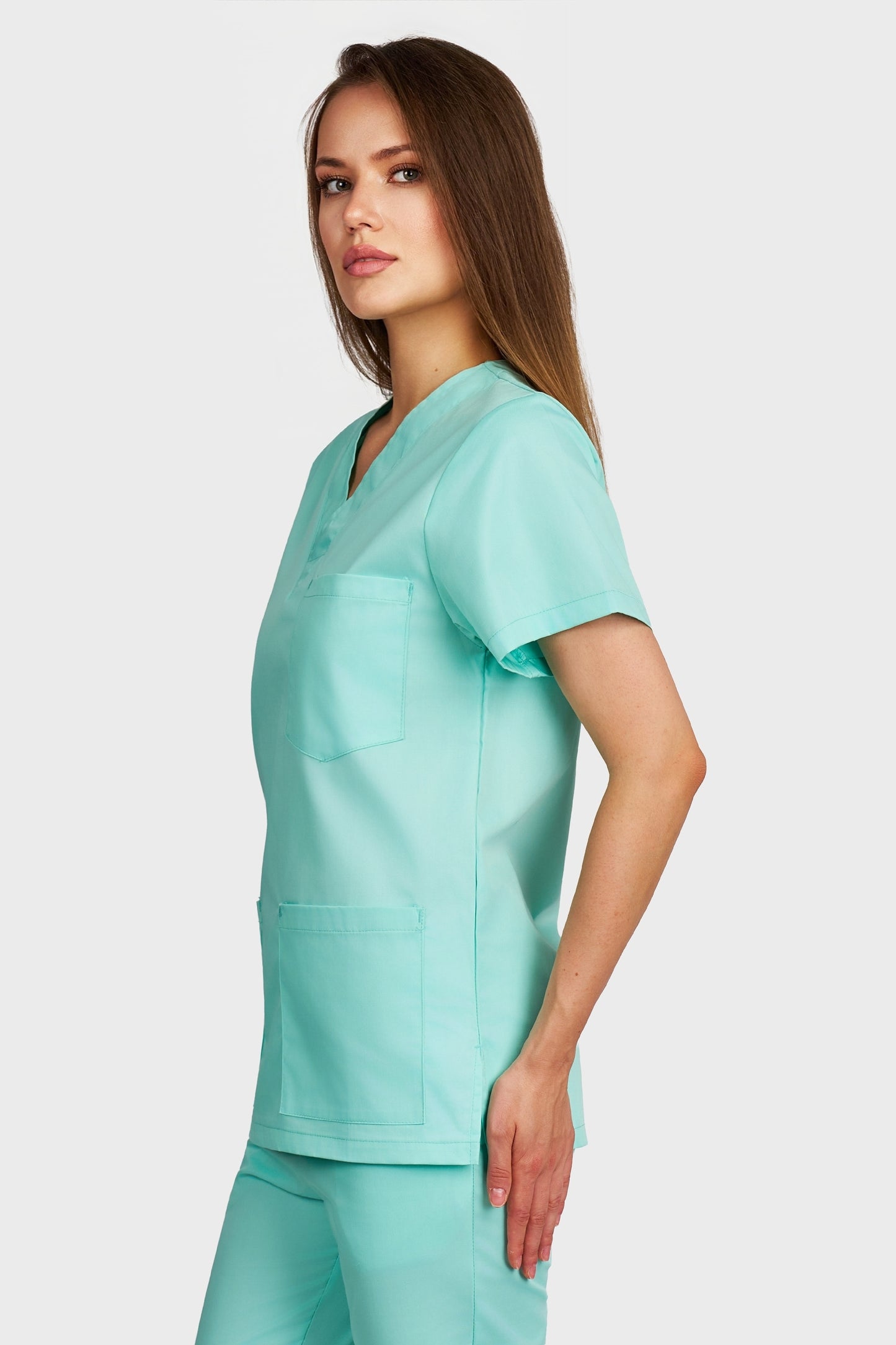 Bluza medicala femei cu guler in V menta - vedere laterala - AKITEX