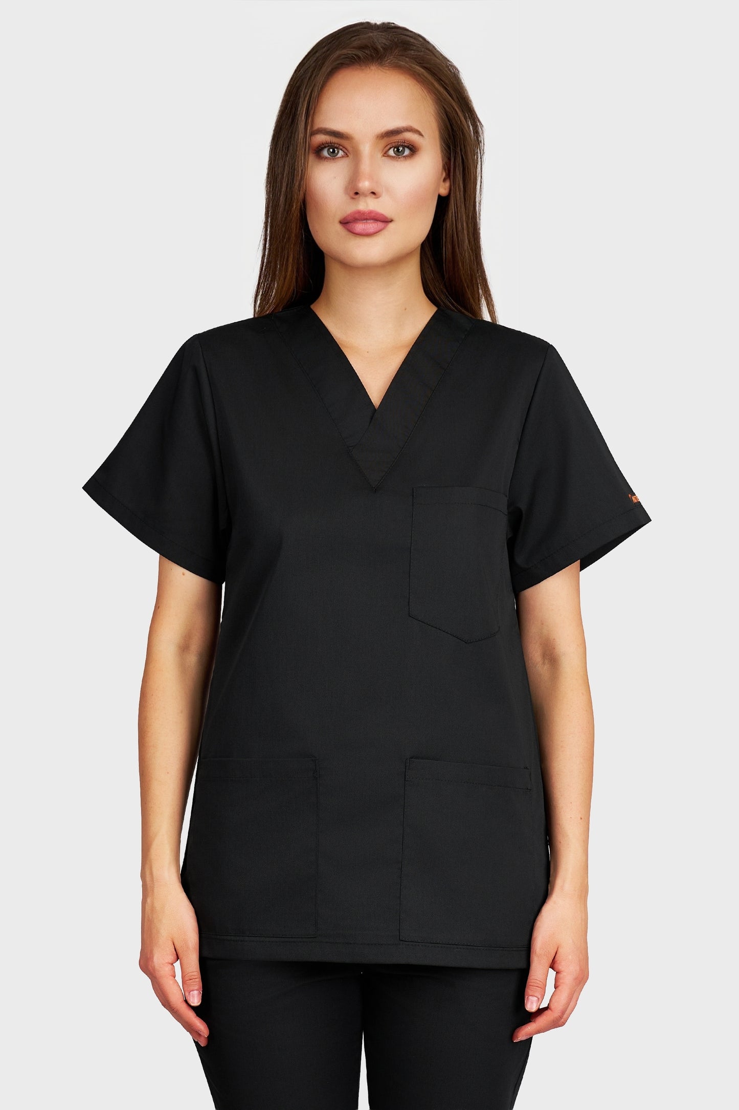 Bluza medicala femei cu guler in V negru - vedere din fata - AKITEX