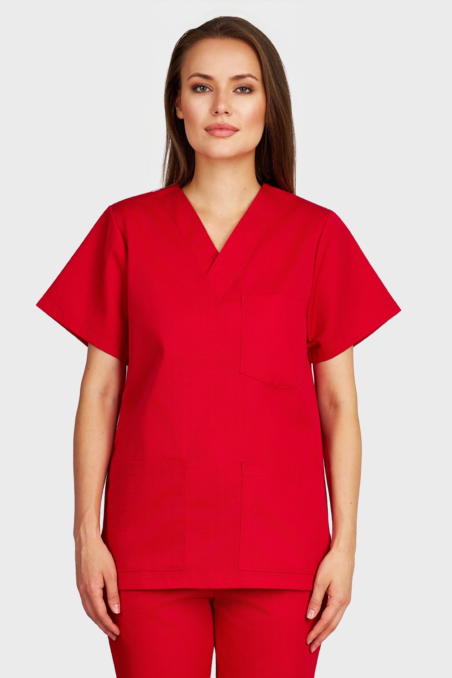 Bluza medicala femei cu guler in V rosu - vedere din fata - AKITEX