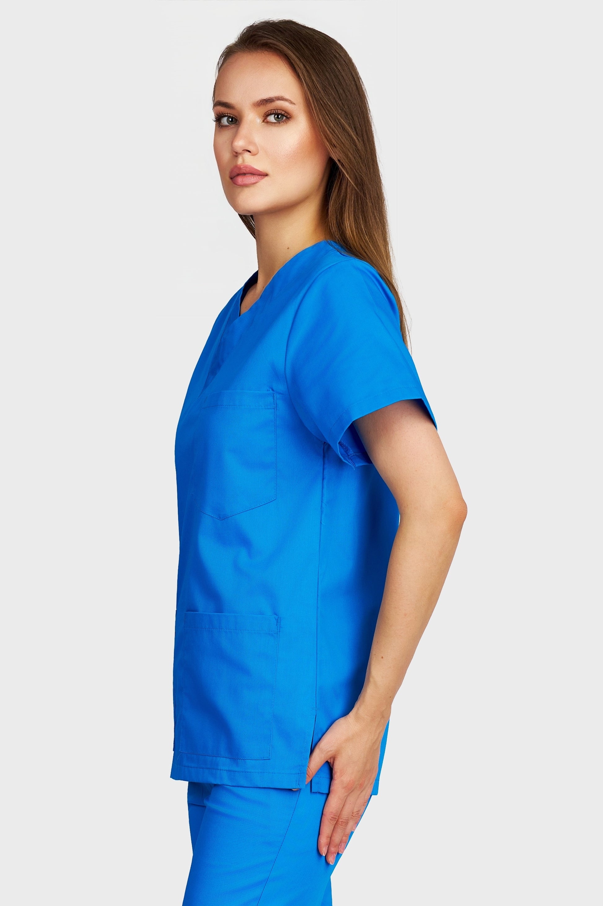 Bluza medicala femei cu guler in V turcoaz - vedere laterala - AKITEX