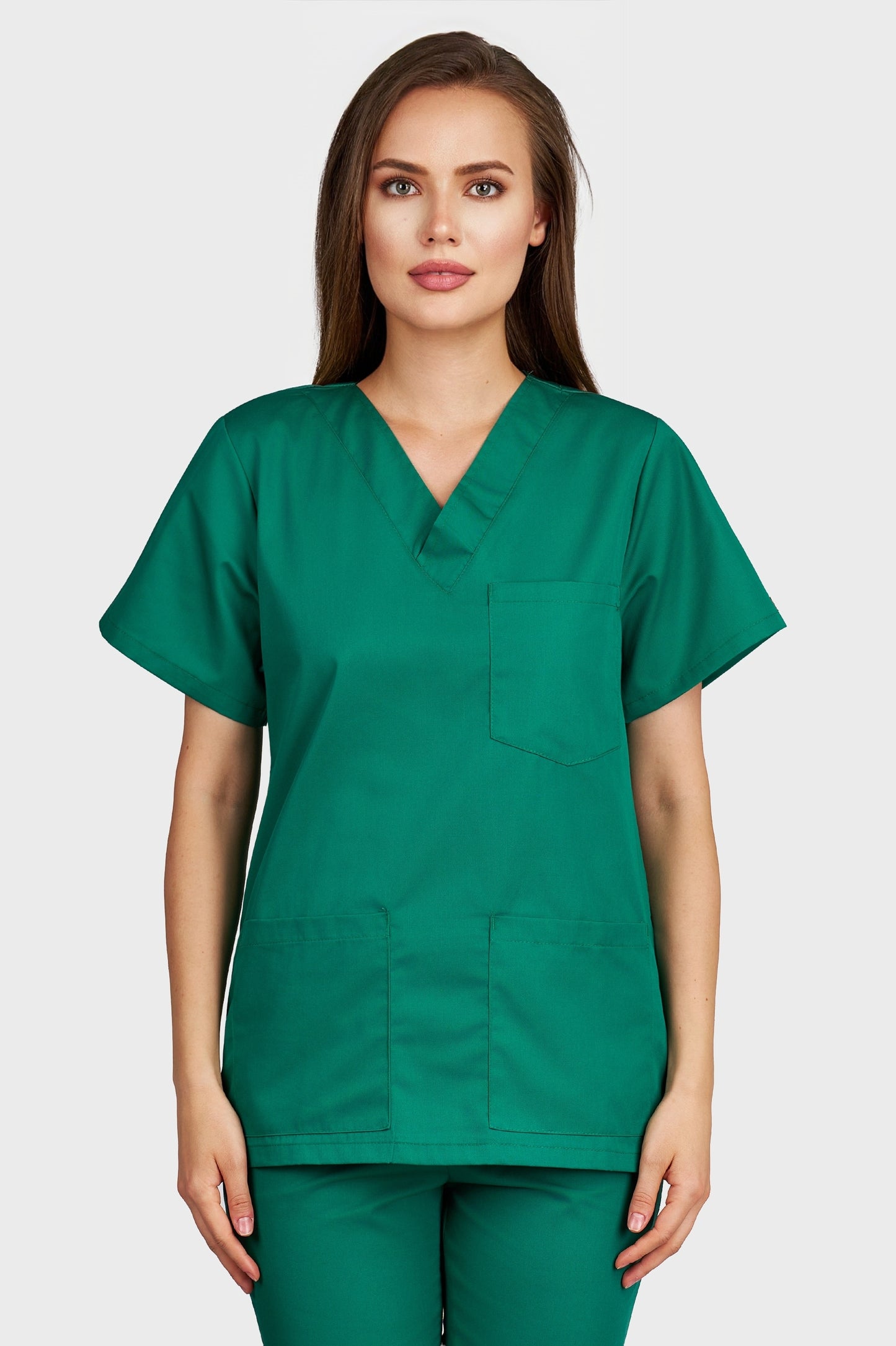 Bluza medicala femei cu guler in V verde - vedere din fata - AKITEX