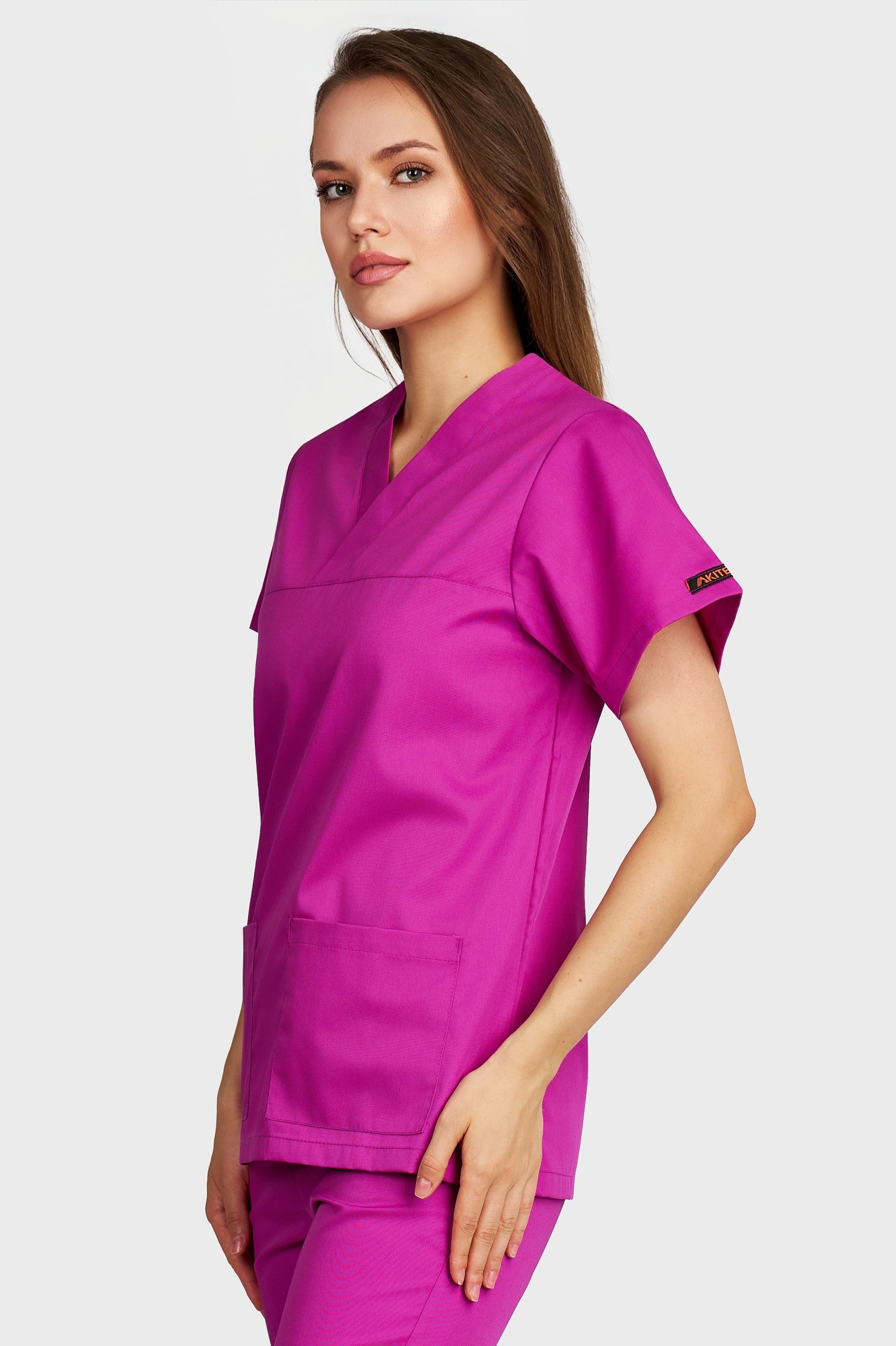 Bluza medicala femei Frieda fucsia - vedere laterala - AKITEX