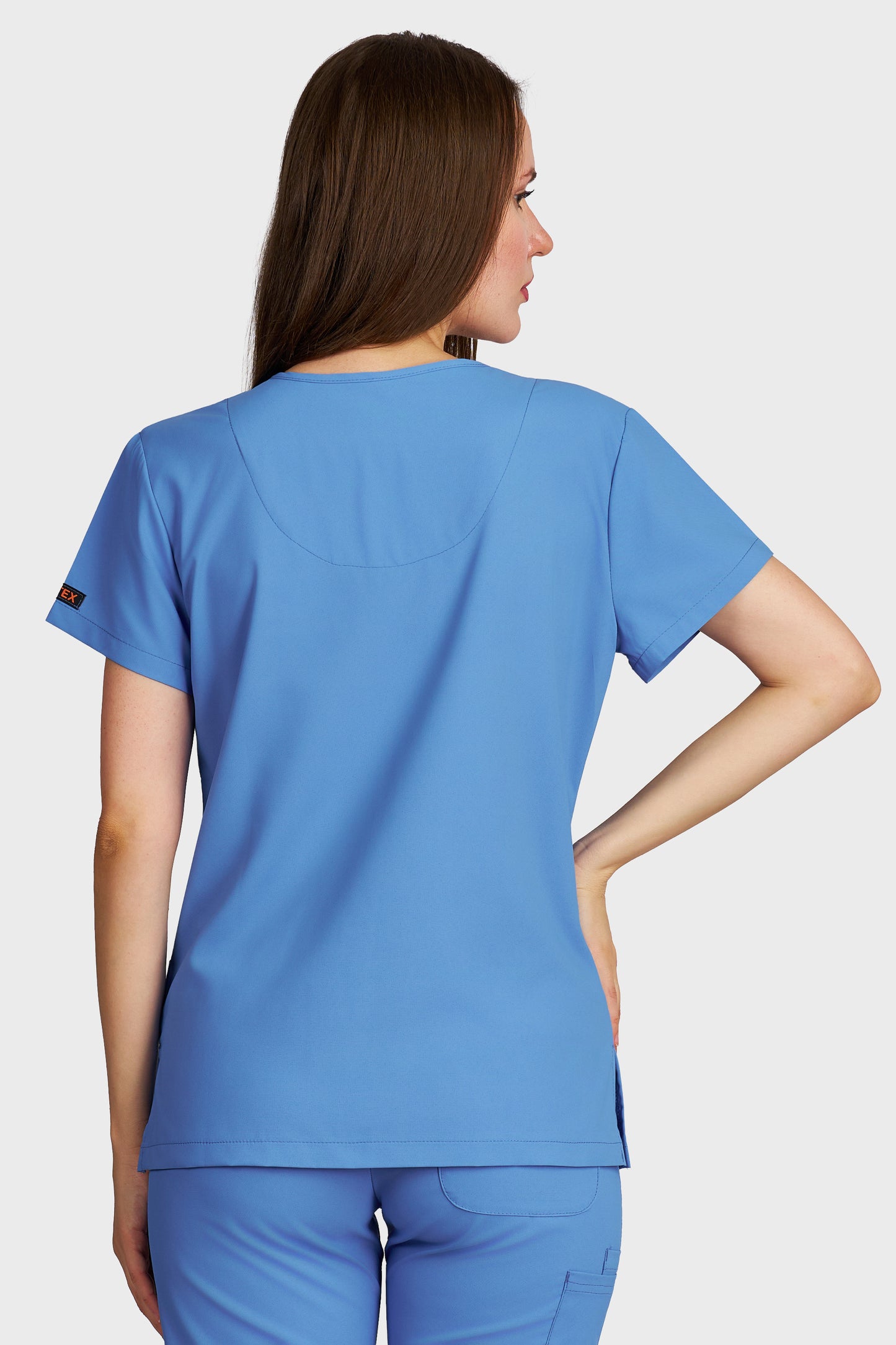 Bluza medicala femei Juliette albastru azur stretch - vedere din spate - AKITEX