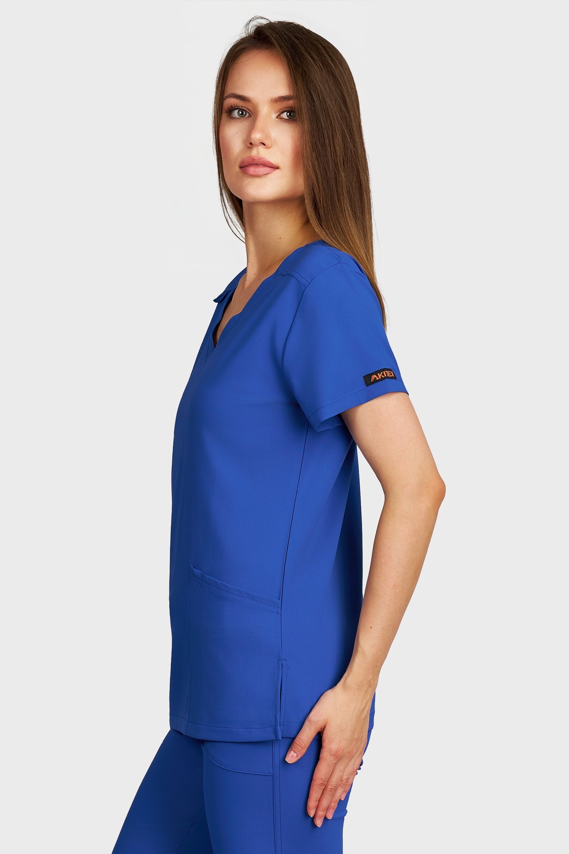 Bluza medicala femei Juliette albastru royal stretch - vedere laterala - AKITEX