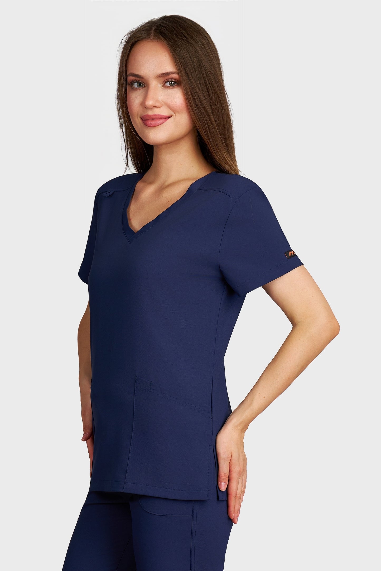 Bluza medicala femei Juliette bleumarin stretch - vedere laterala - AKITEX