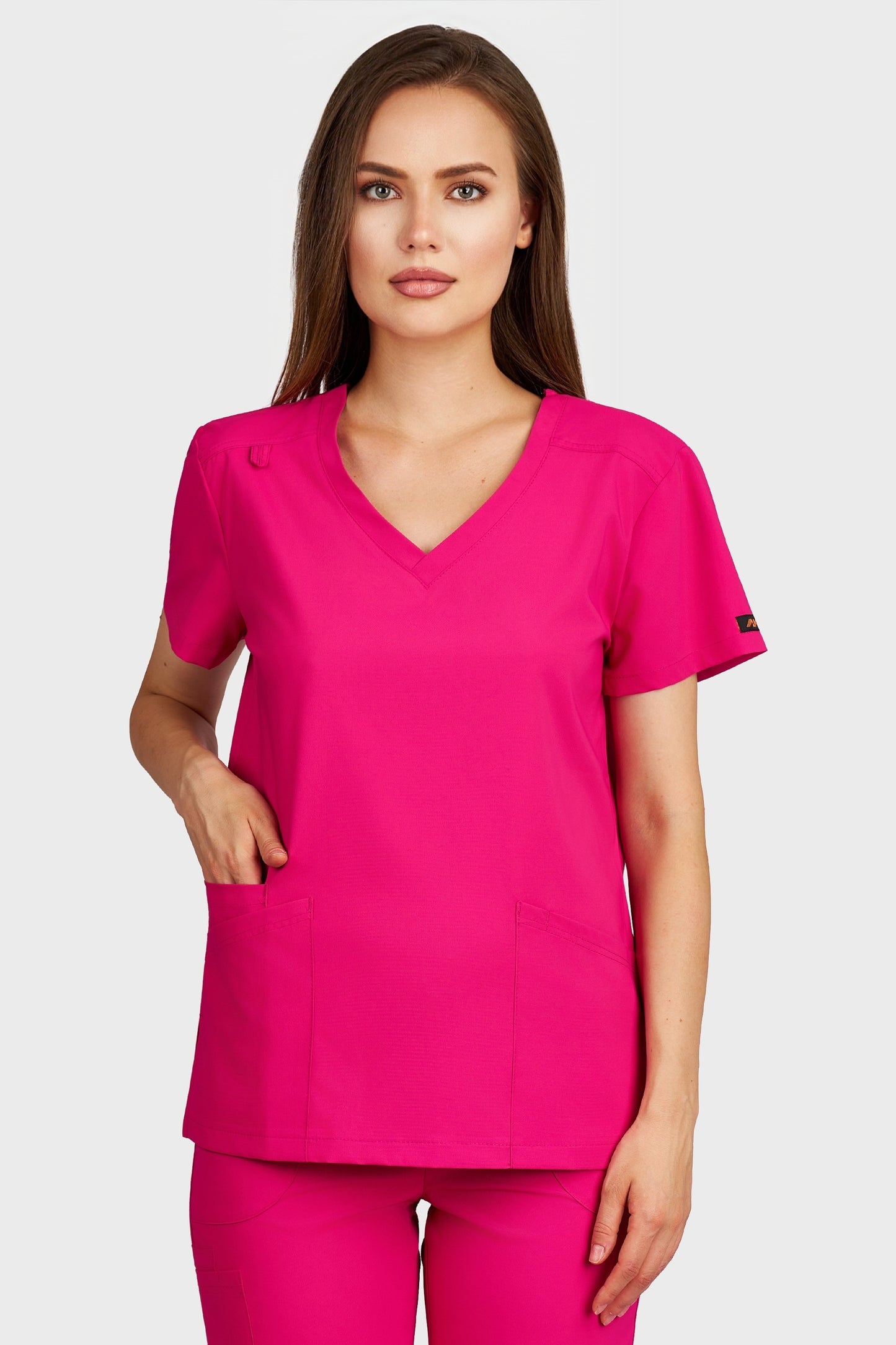Bluza medicala femei Juliette fucsia stretch - vedere din fata - AKITEX