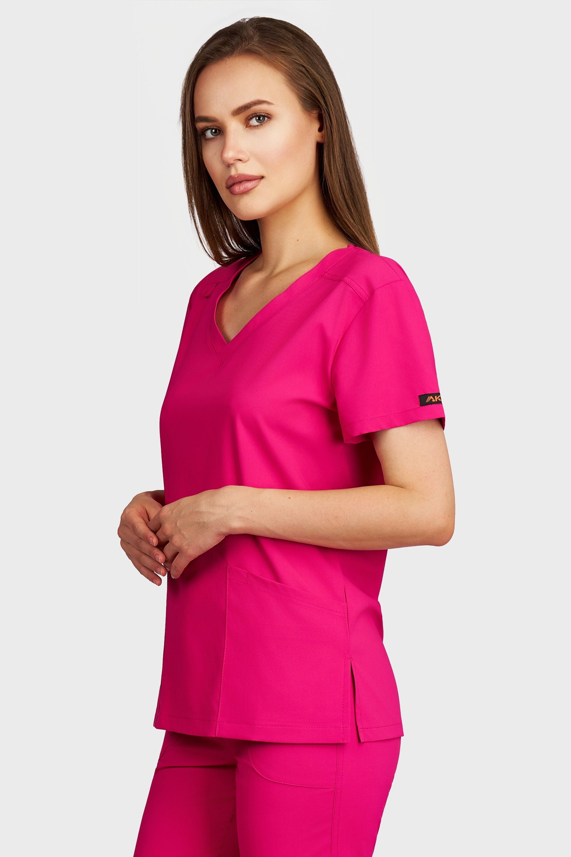 Bluza medicala femei Juliette fucsia stretch - vedere laterala - AKITEX