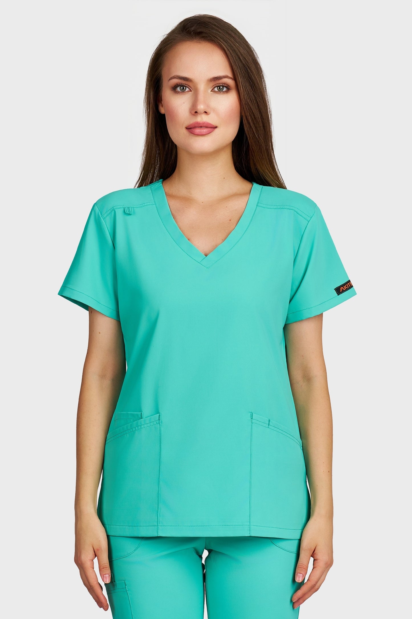 Bluza medicala femei Juliette menta stretch - vedere din fata - AKITEX