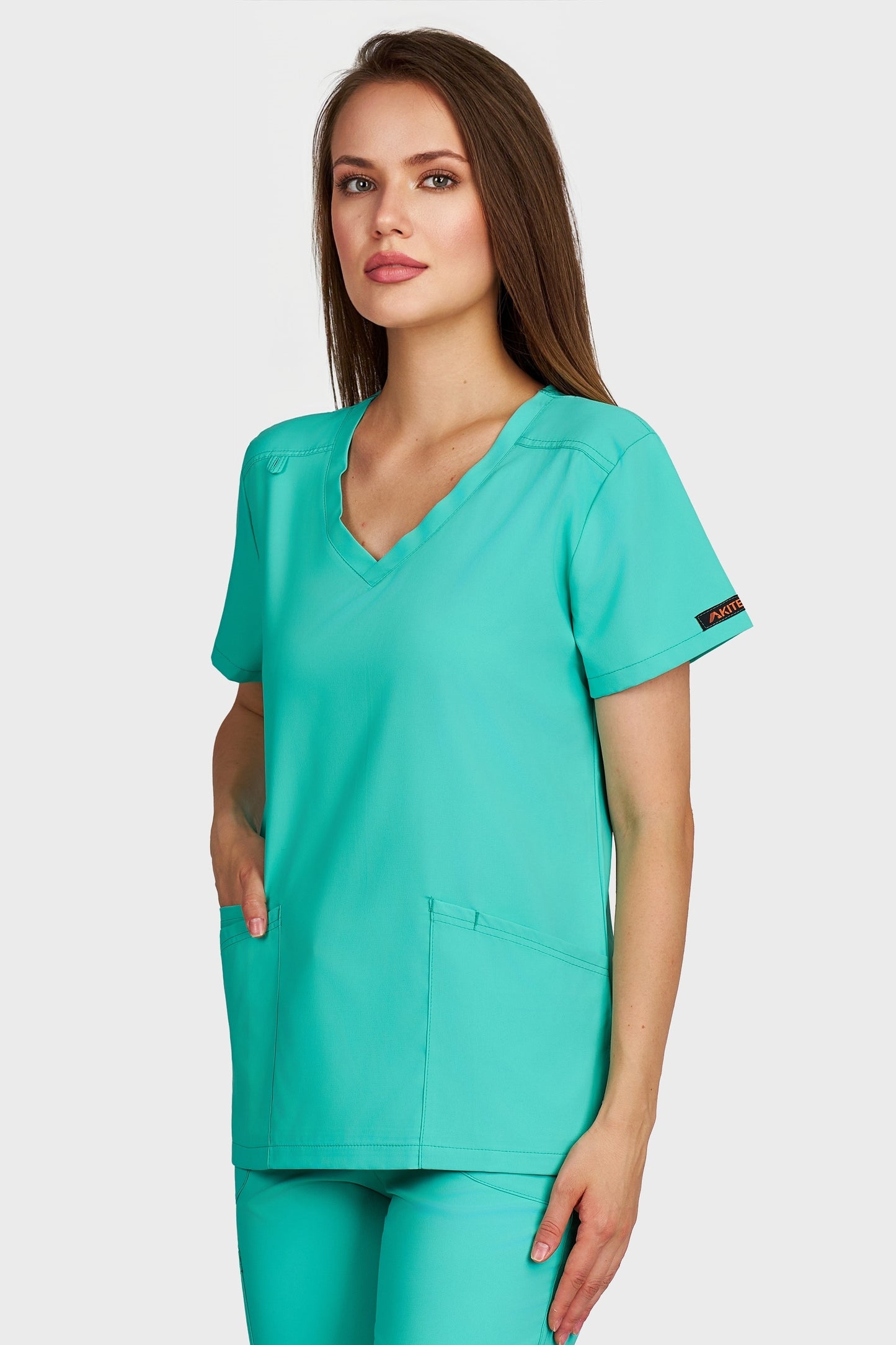 Bluza medicala femei Juliette menta stretch - vedere laterala - AKITEX