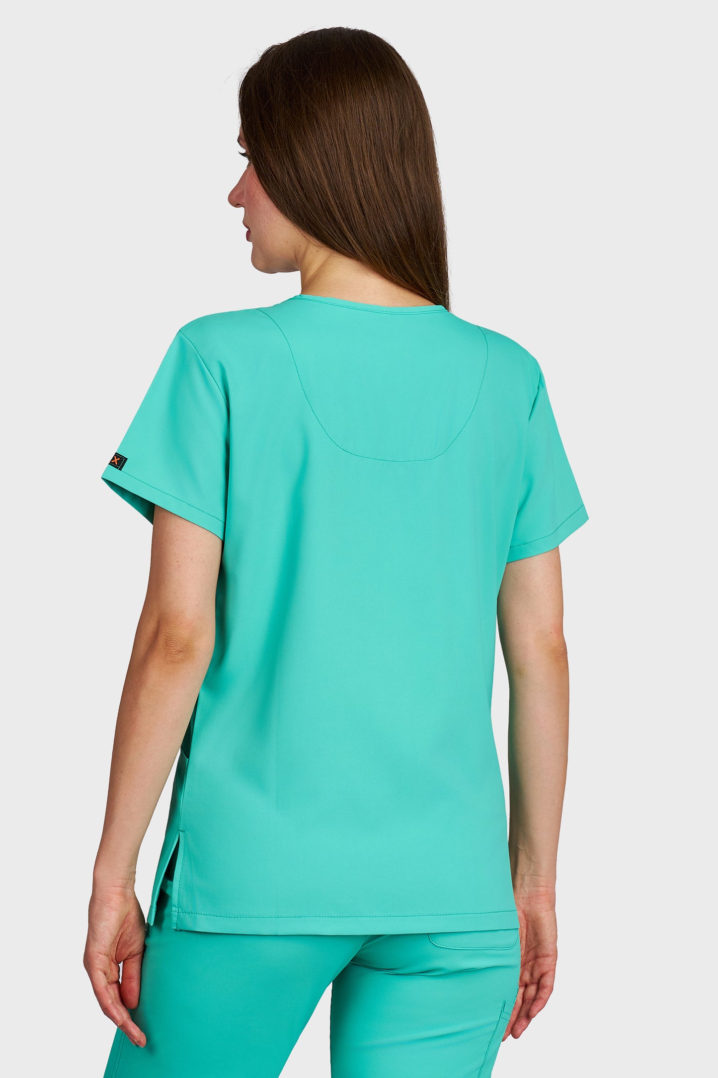 Bluza medicala femei Juliette menta stretch - vedere din spate - AKITEX