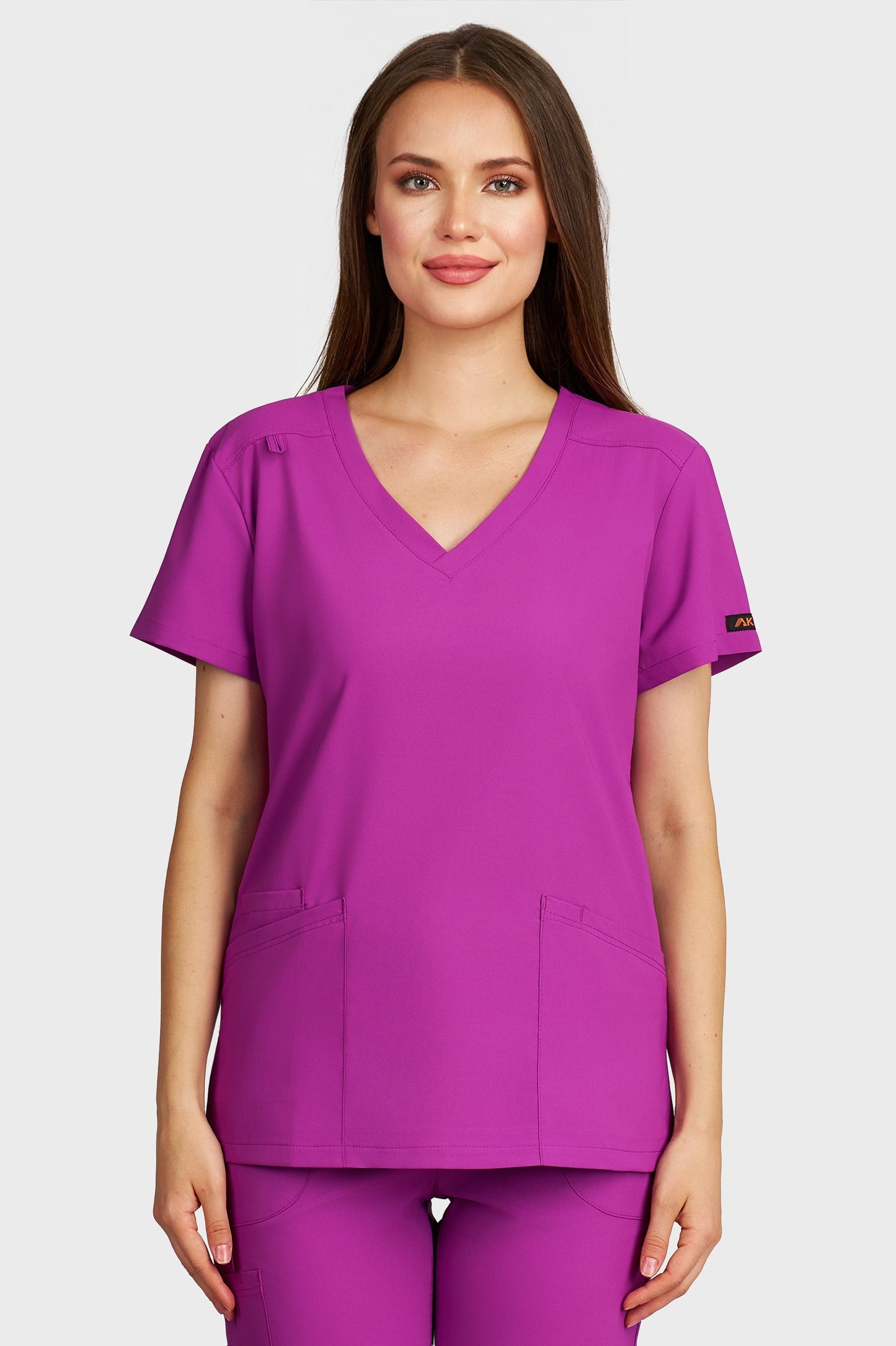 Bluza medicala femei Juliette mov stretch - vedere din fata - AKITEX