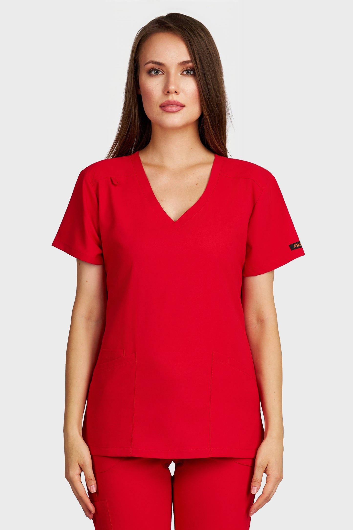 Bluza medicala femei Juliette rosu stretch - vedere din fata - AKITEX