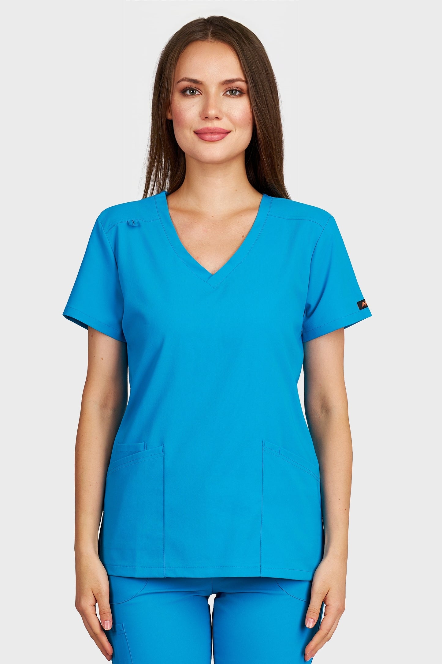 Bluza medicala femei Juliette turcoaz stretch - vedere din fata - AKITEX