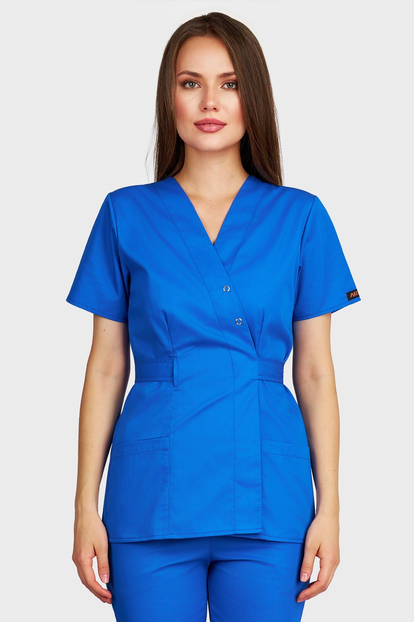Bluza medicala femei Kimono albastru royal - vedere din fata - AKITEX