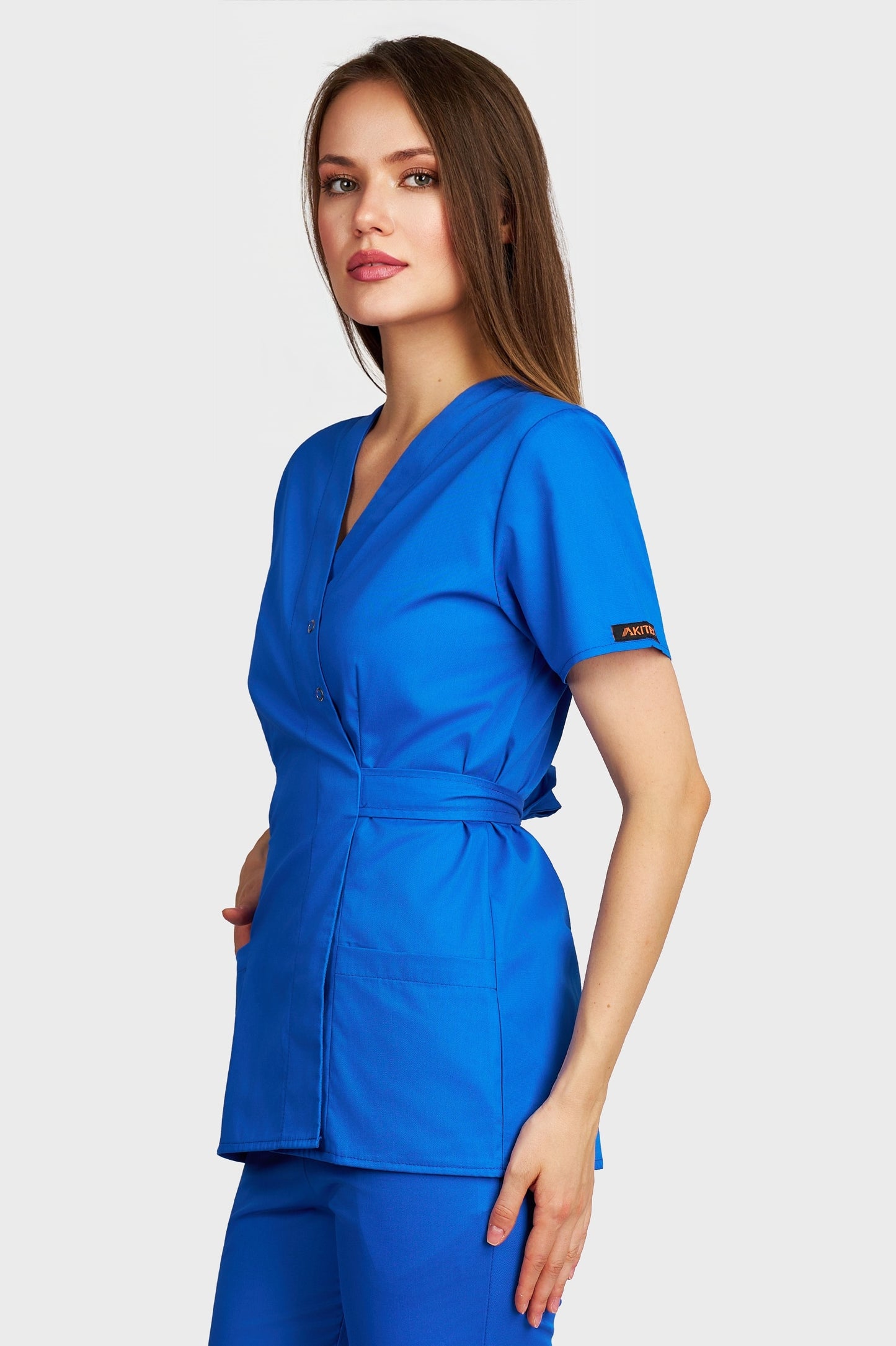 Bluza medicala femei Kimono albastru royal - vedere laterala - AKITEX