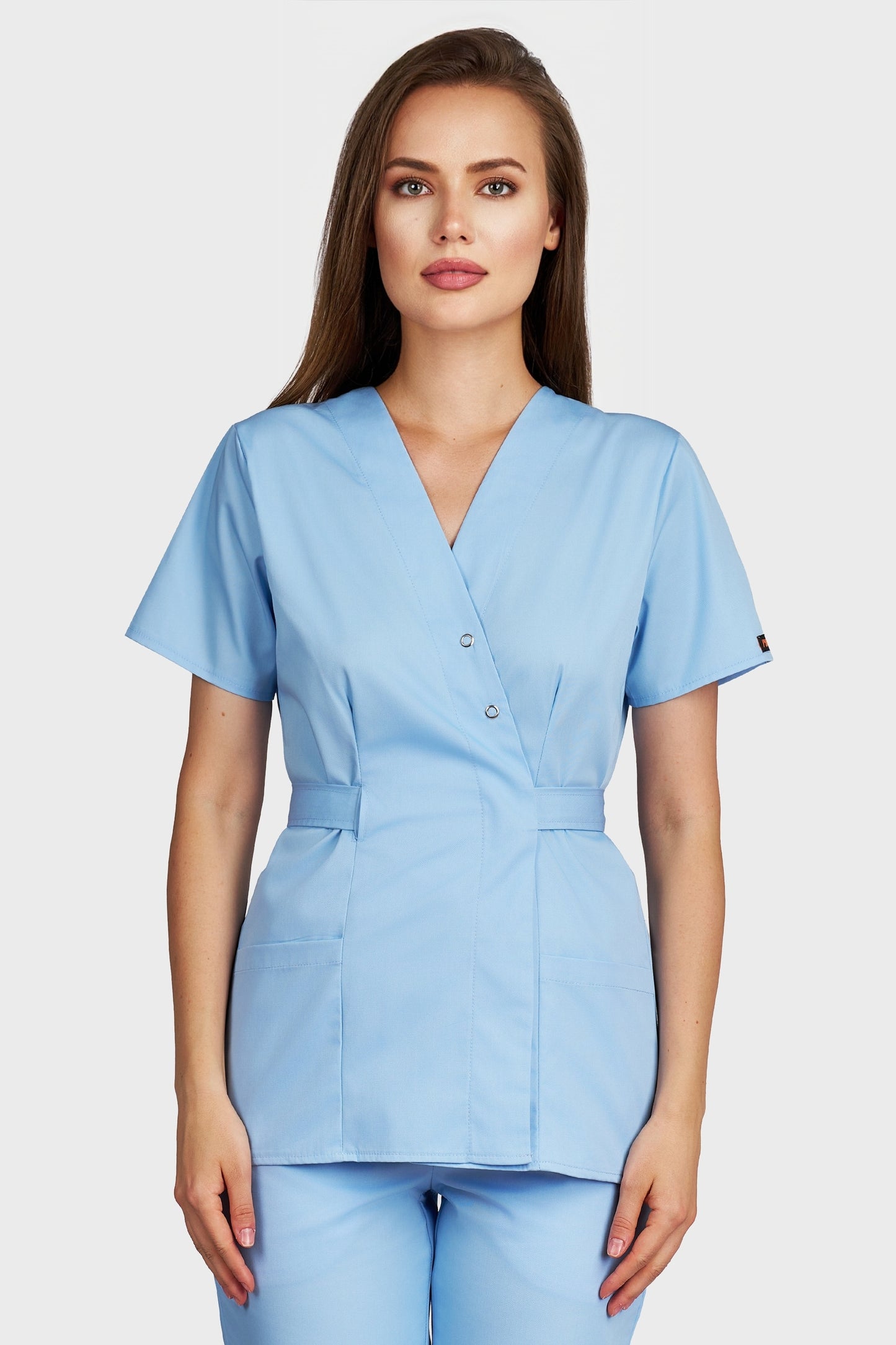 Bluza medicala femei Kimono bleu deschis - vedere din fata - AKITEX