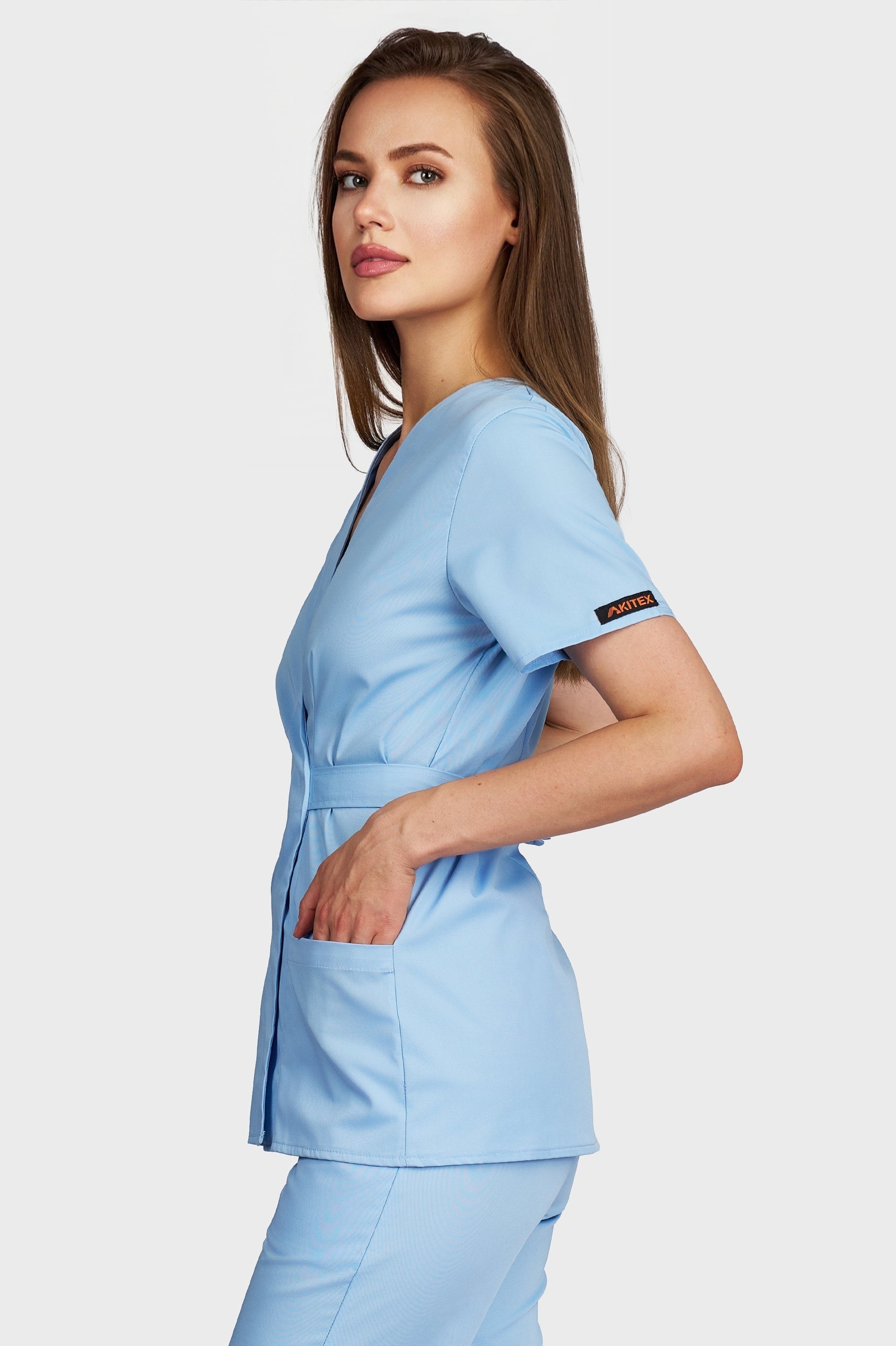 Bluza medicala femei Kimono bleu deschis - vedere laterala - AKITEX