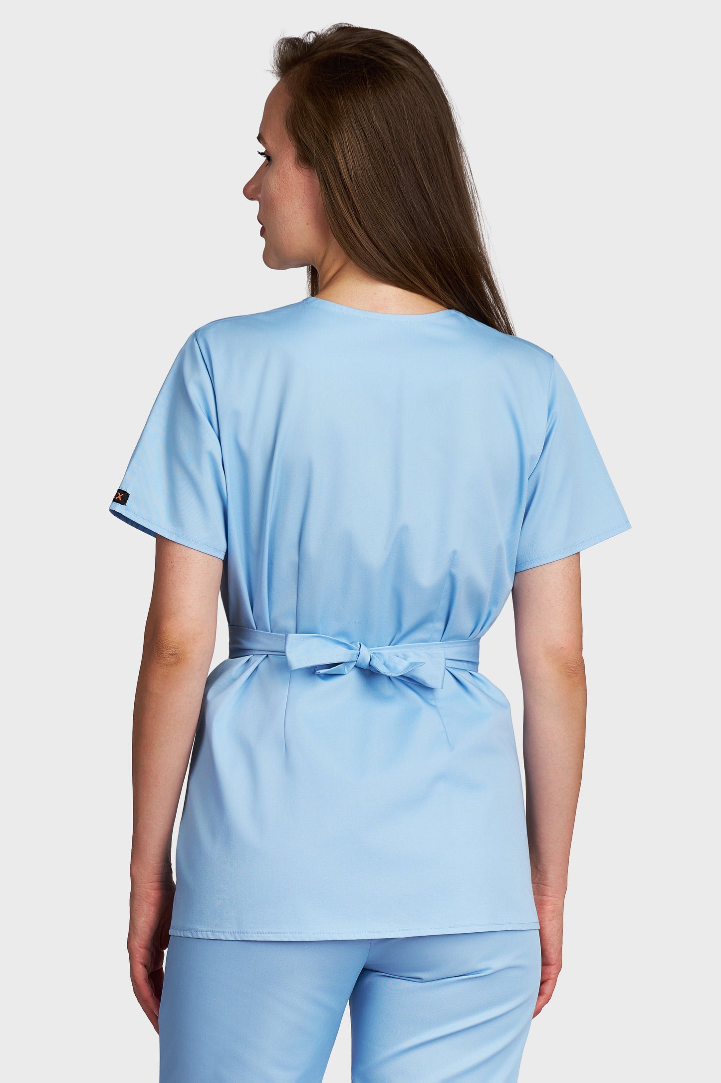 Bluza medicala femei Kimono bleu deschis - vedere din spate - AKITEX