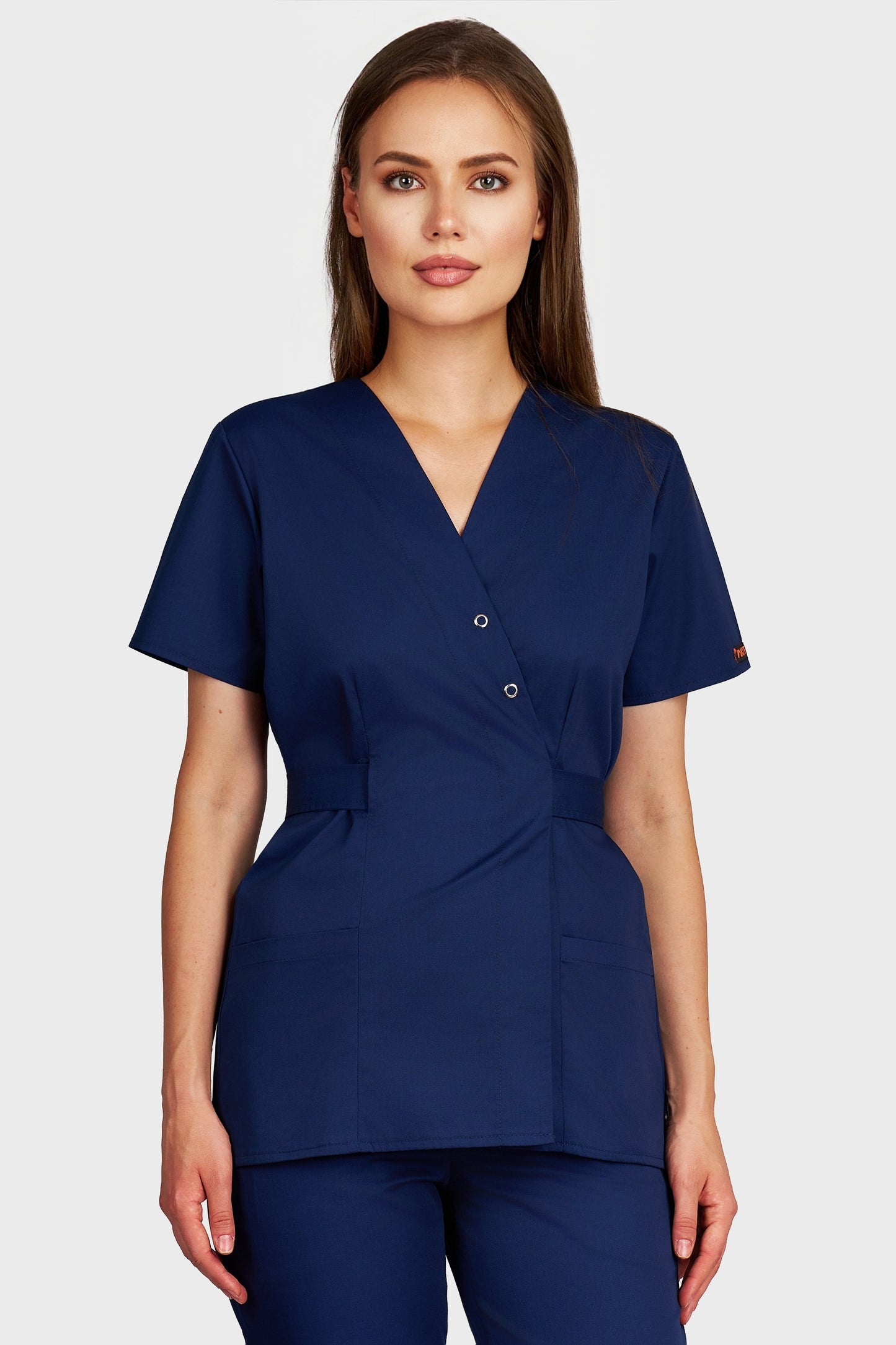 Bluza medicala femei Kimono bleumarin - vedere din fata - AKITEX