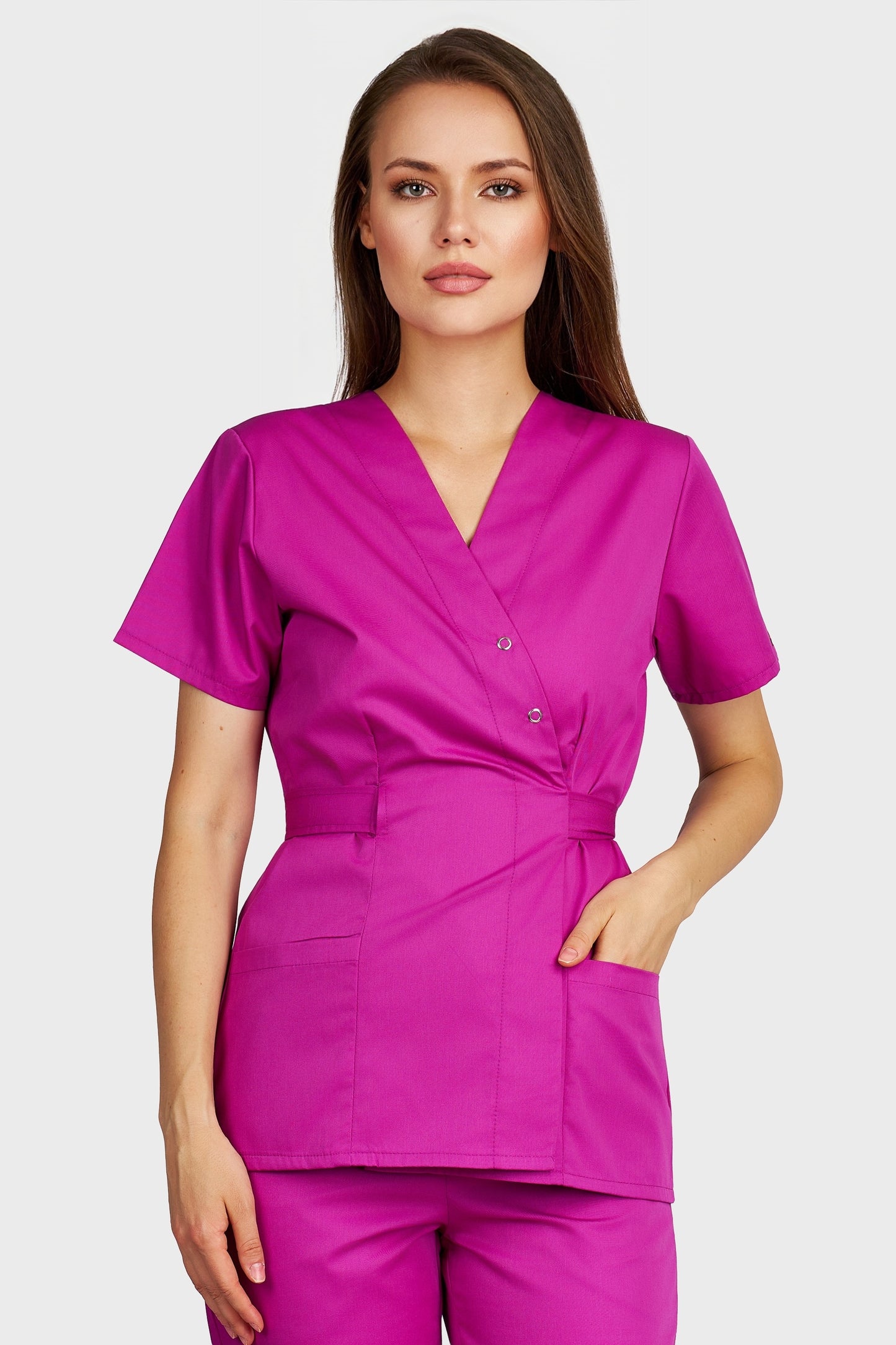 Bluza medicala femei Kimono fucsia - vedere din fata - AKITEX