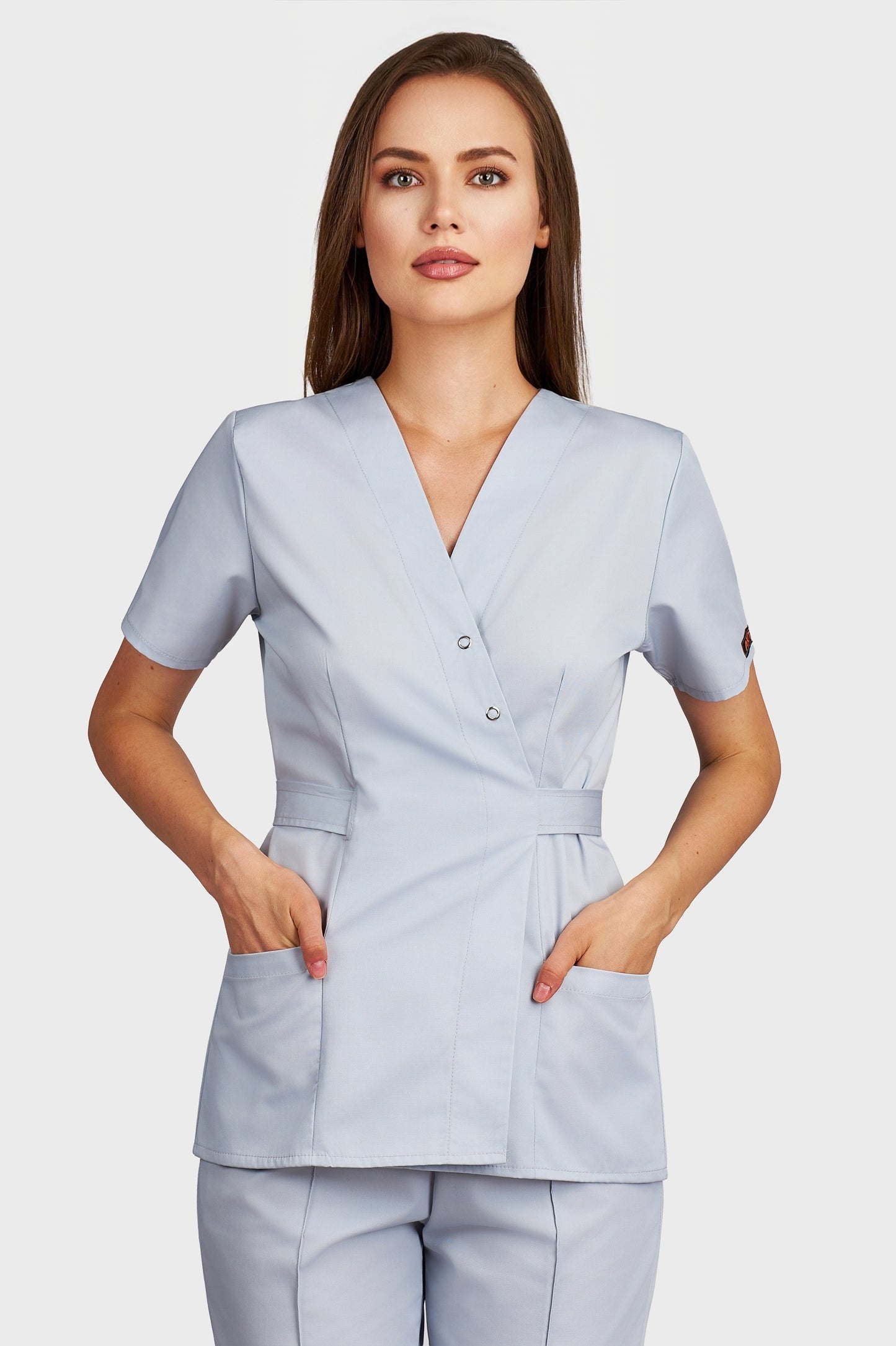 Bluza medicala femei Kimono gri - vedere din fata - AKITEX