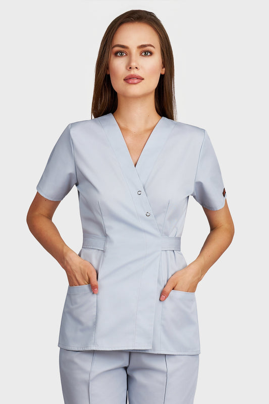 Bluza medicala femei Kimono gri - vedere din fata - AKITEX