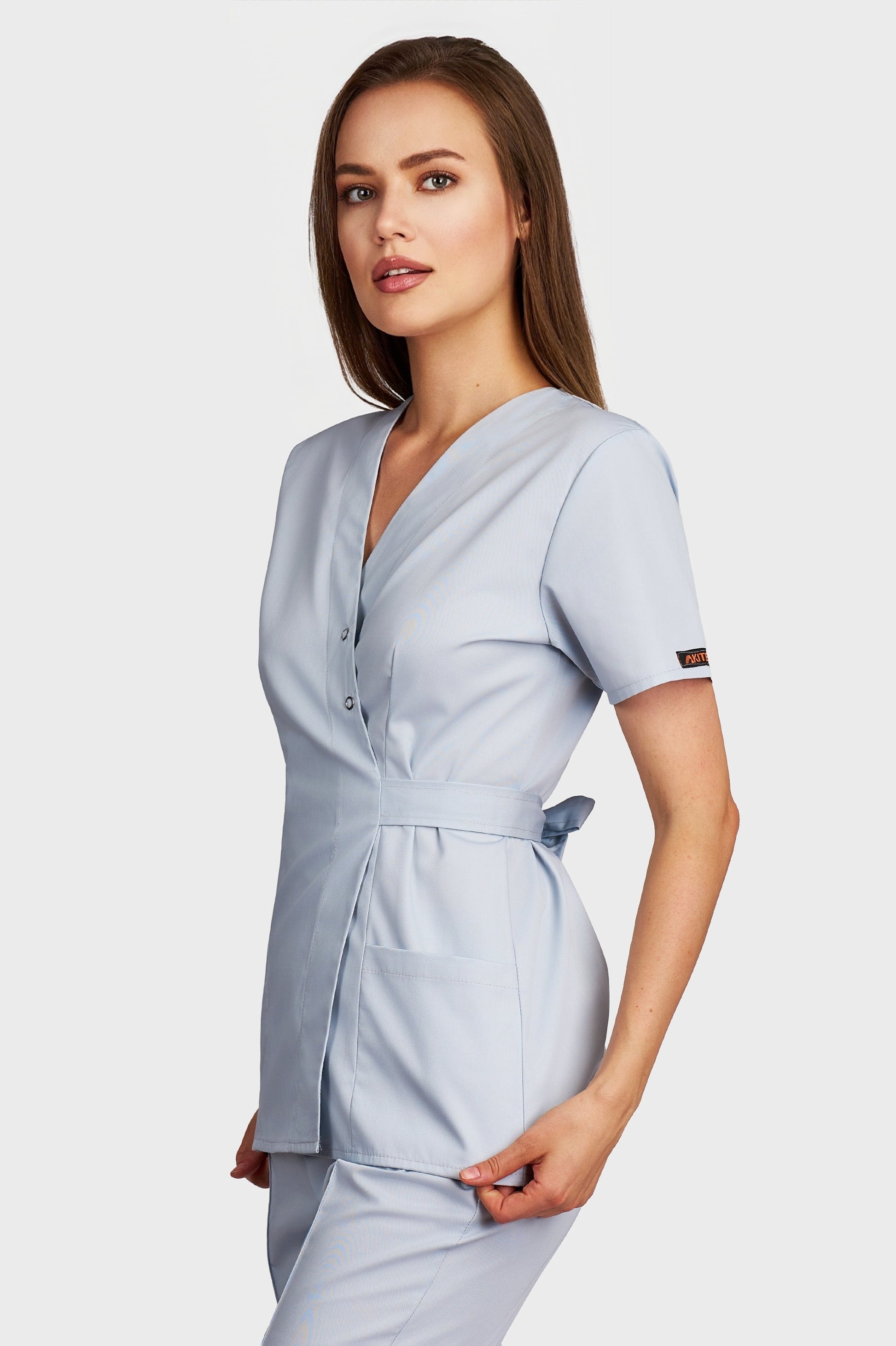 Bluza medicala femei Kimono gri - vedere laterala - AKITEX