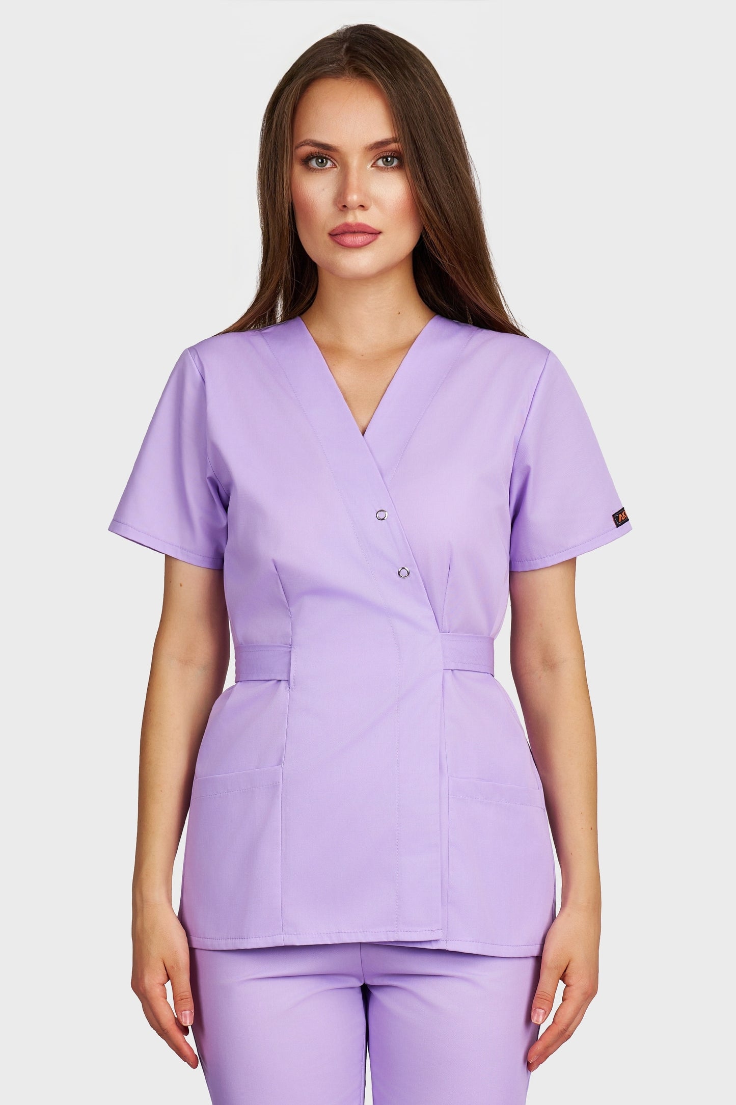 Bluza medicala femei Kimono lila - vedere din fata - AKITEX