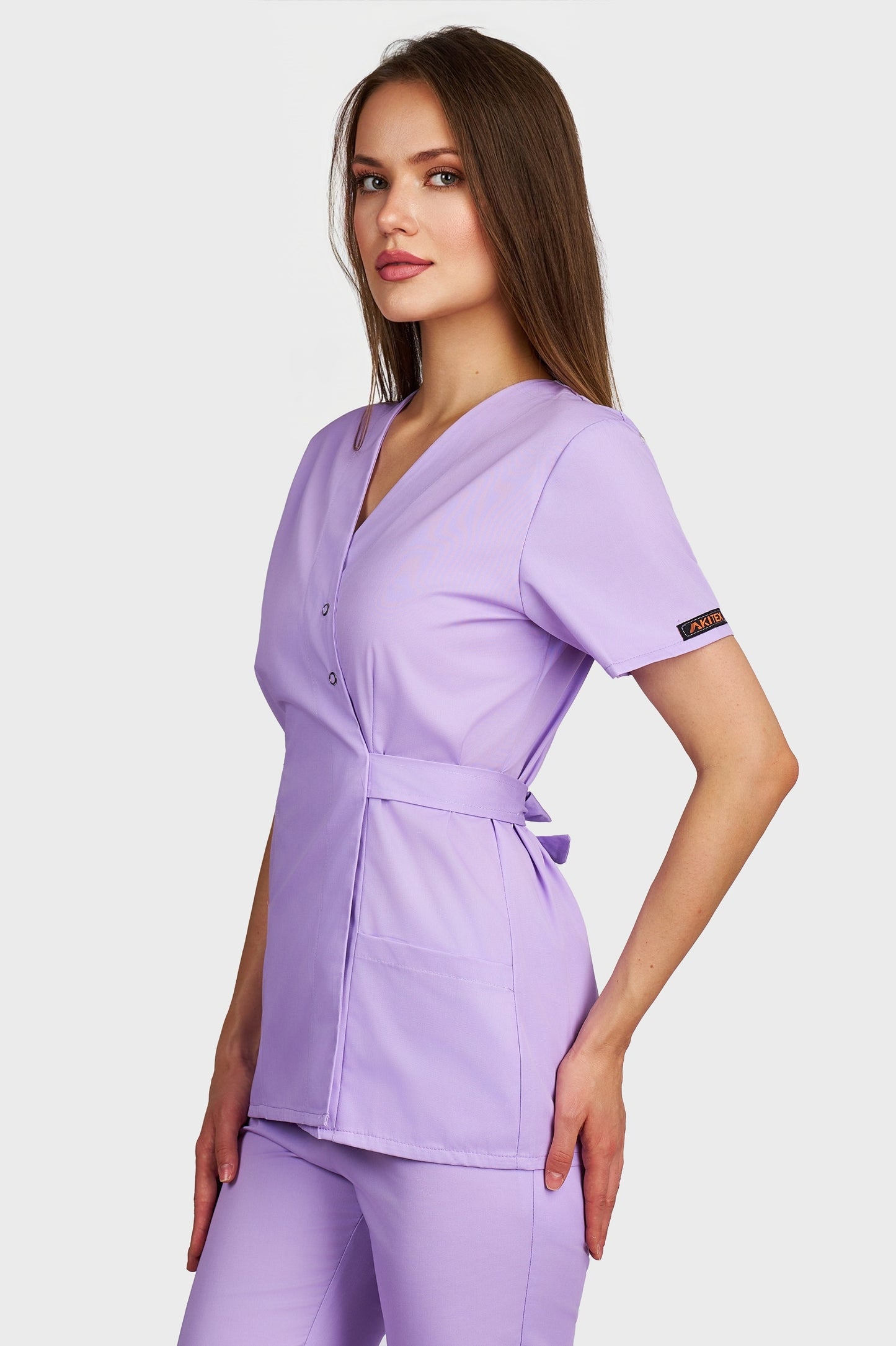 Bluza medicala femei Kimono lila - vedere laterala - AKITEX