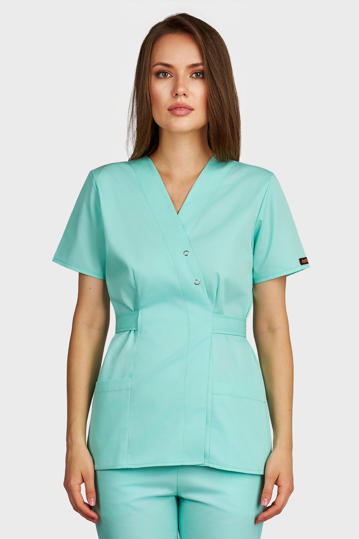 Bluza medicala femei Kimono menta - vedere din fata - AKITEX