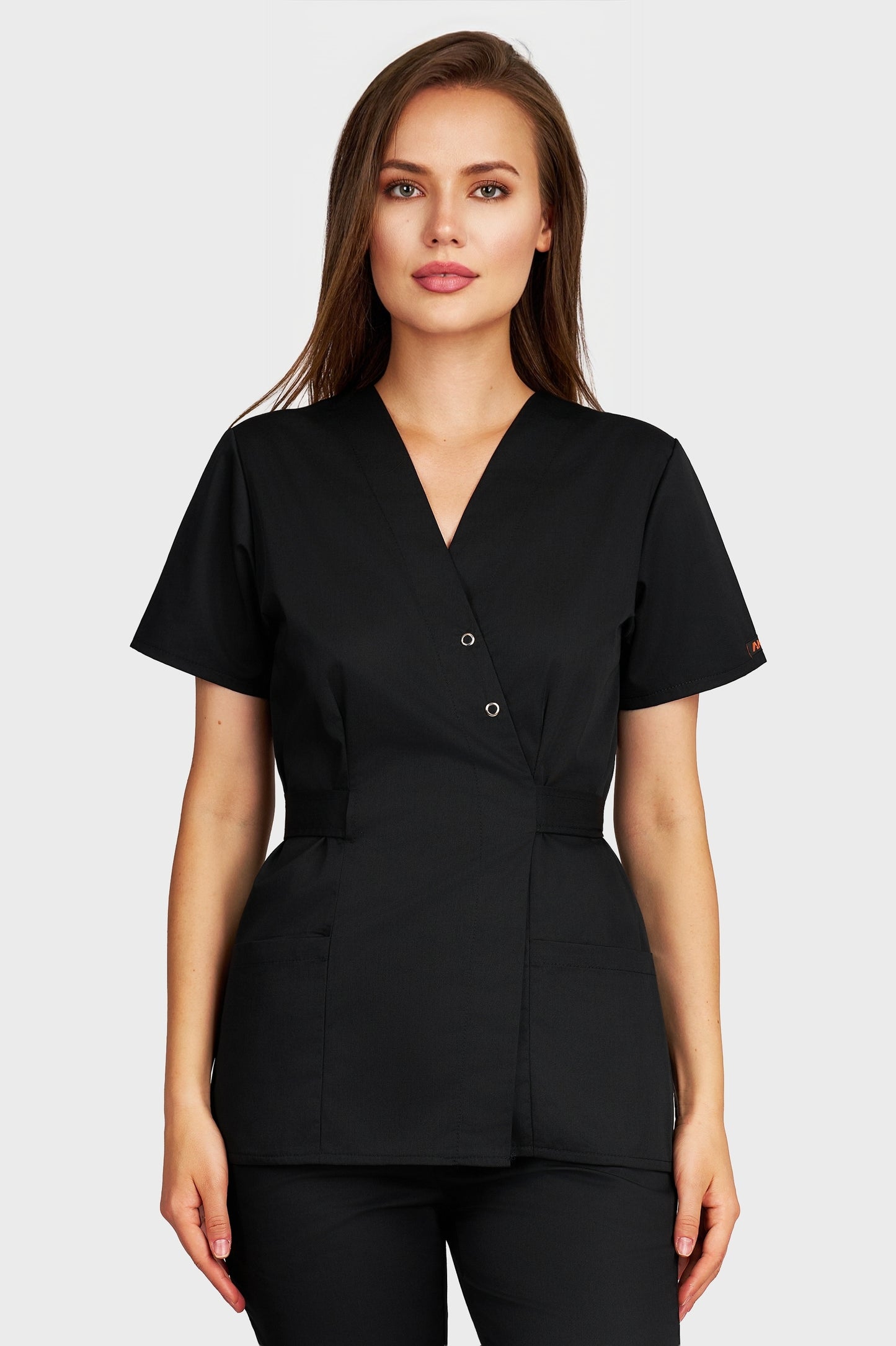 Bluza medicala femei Kimono negru - vedere din fata - AKITEX