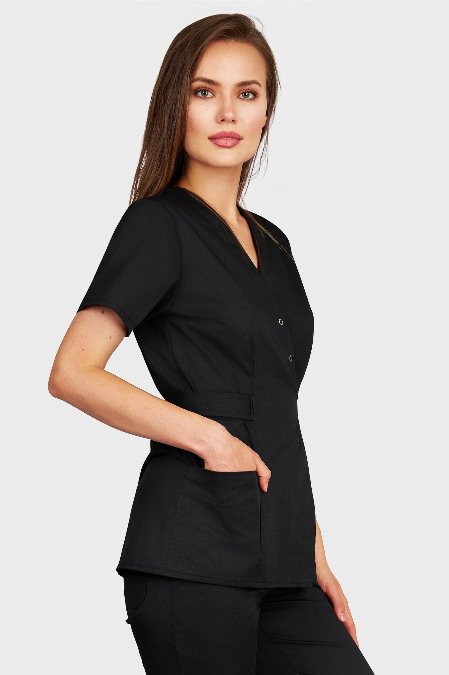 Bluza medicala femei Kimono negru - vedere laterala - AKITEX