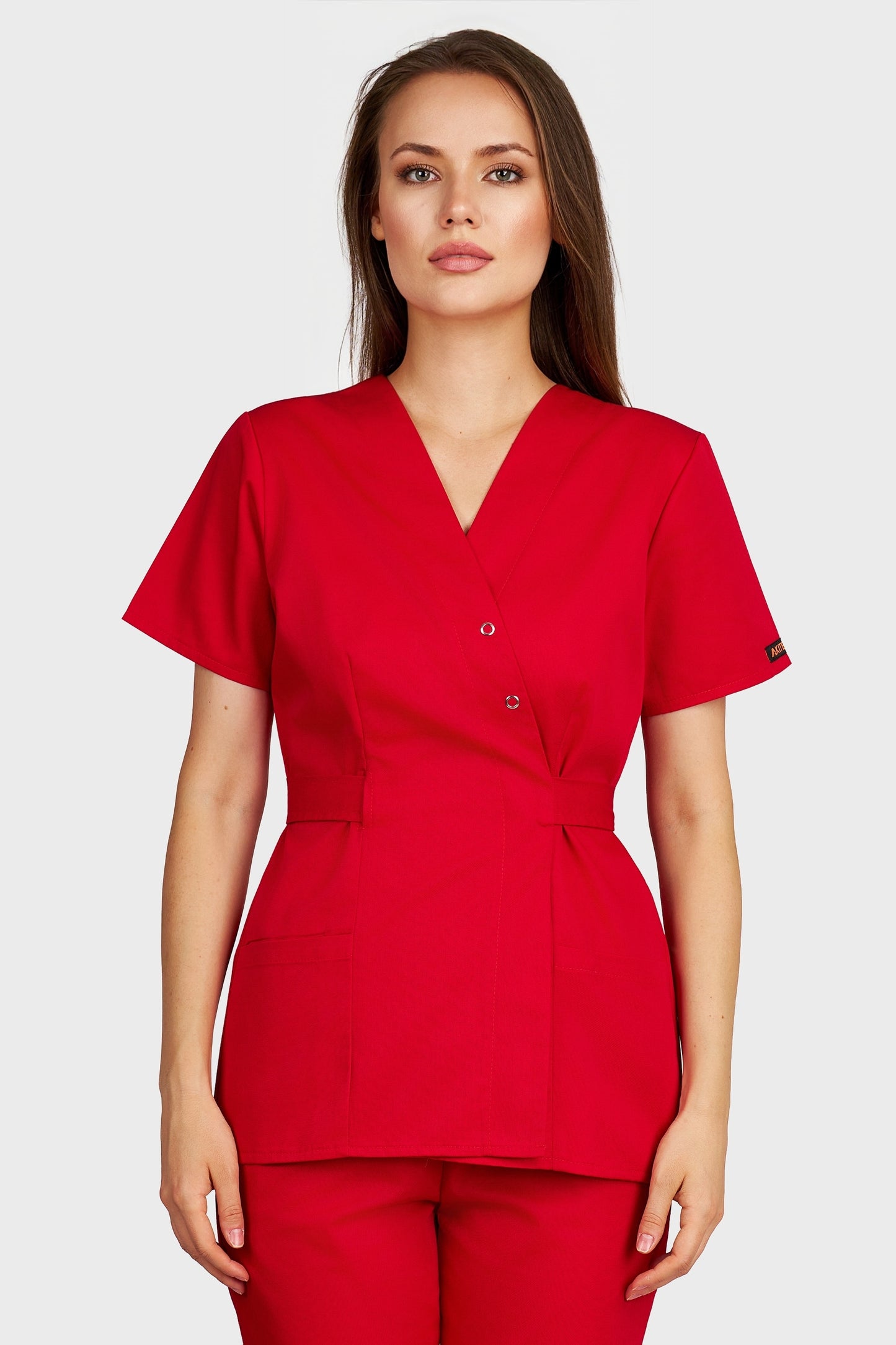 Bluza medicala femei Kimono rosu - vedere din fata - AKITEX