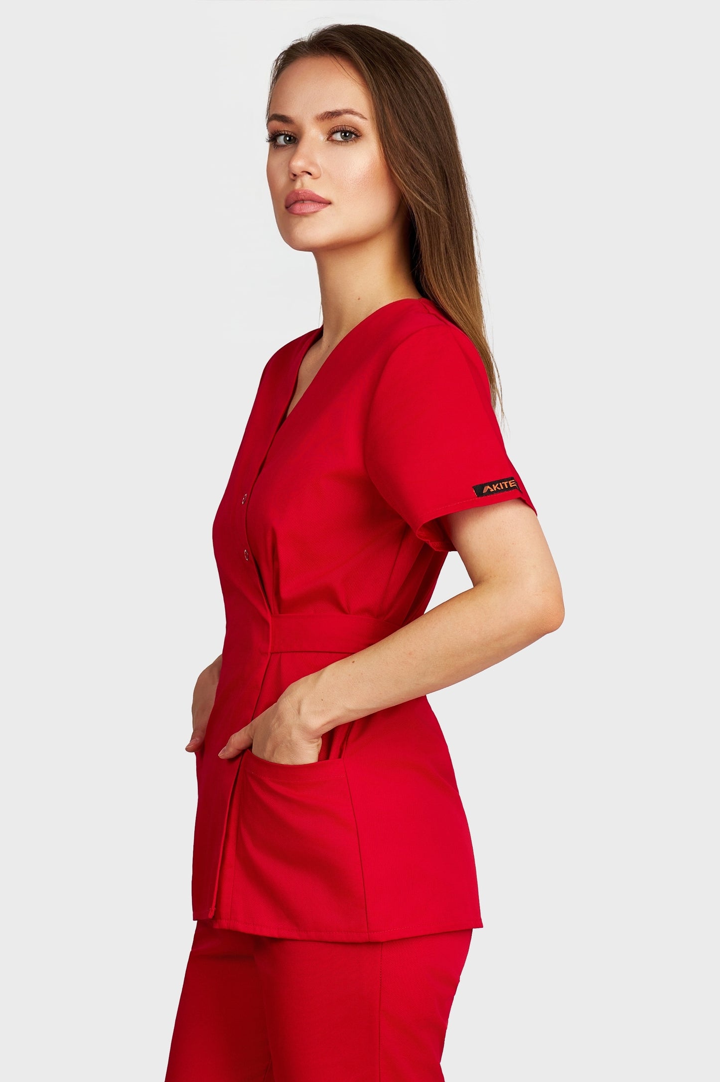 Bluza medicala femei Kimono rosu - vedere laterala - AKITEX