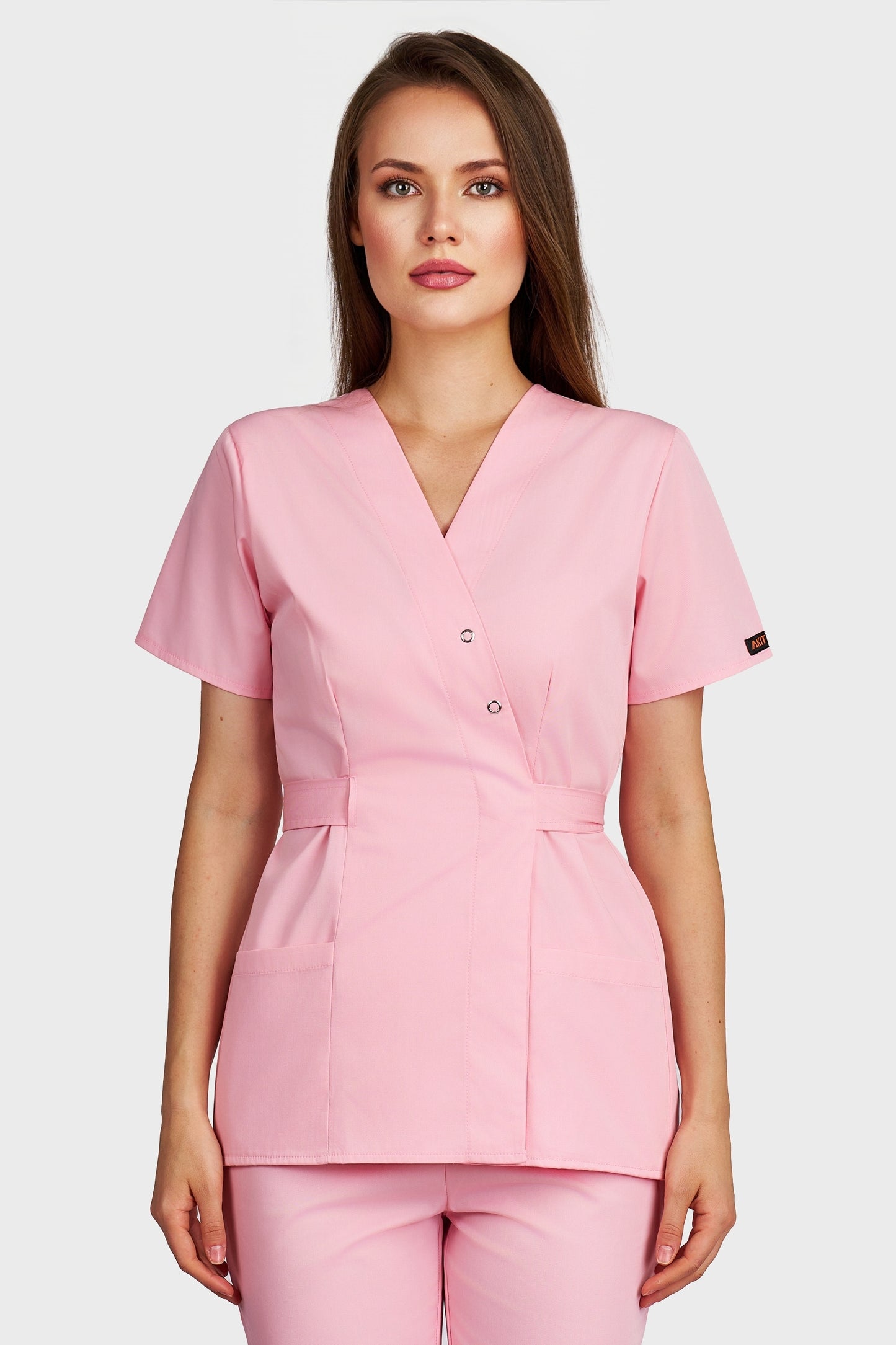Bluza medicala femei Kimono roz - vedere din fata - AKITEX