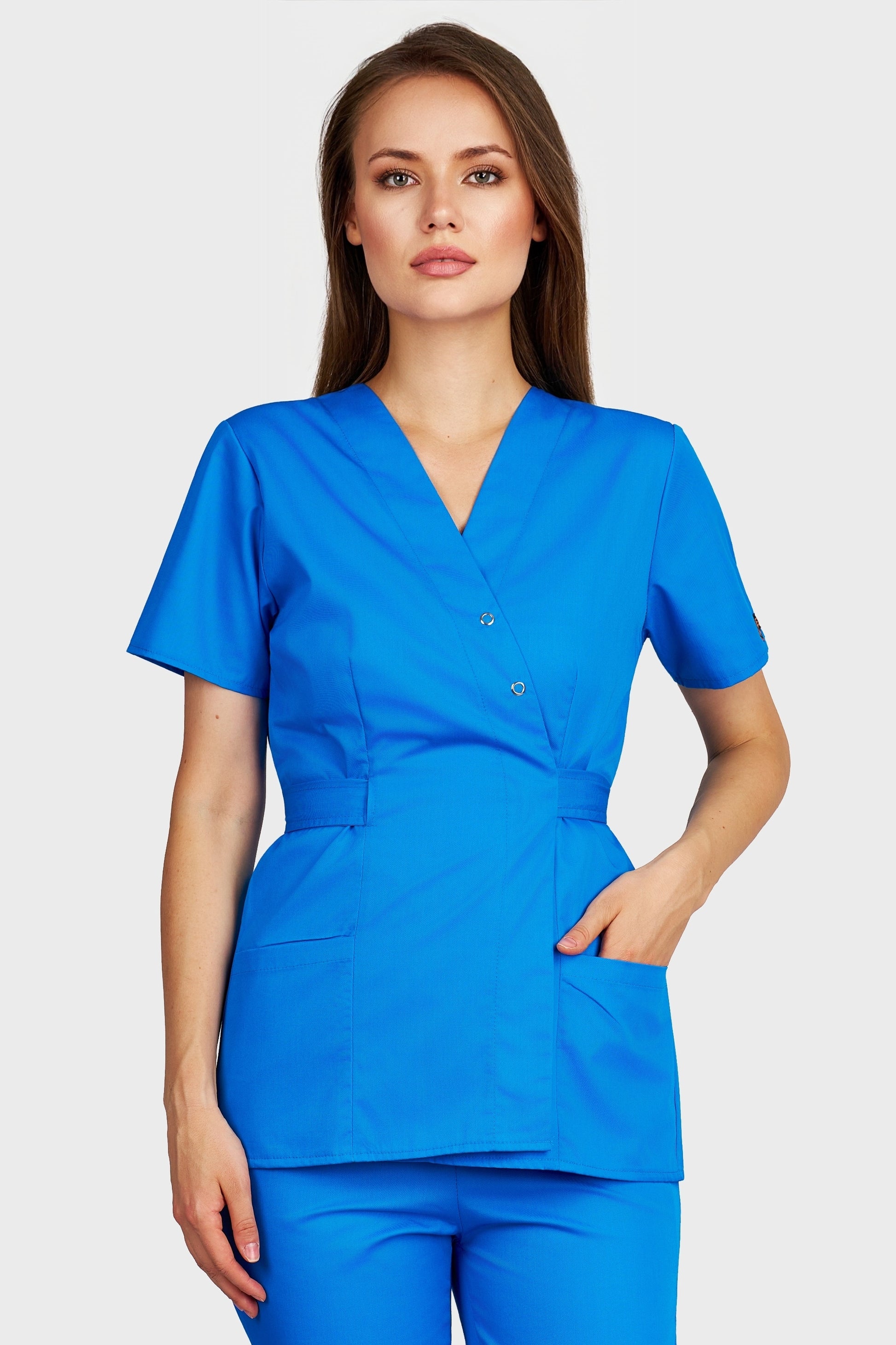 Bluza medicala femei Kimono turcoaz - vedere din fata - AKITEX