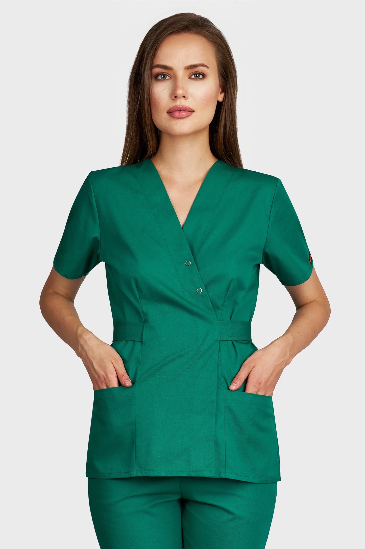 Bluza medicala femei Kimono verde - vedere din fata - AKITEX