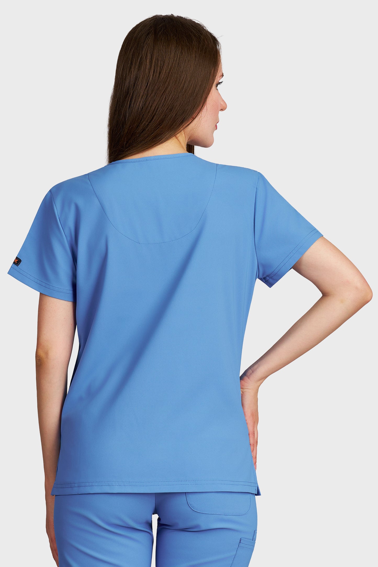 Bluza medicala femei Tosca albastru azur stretch - vedere din spate - AKITEX
