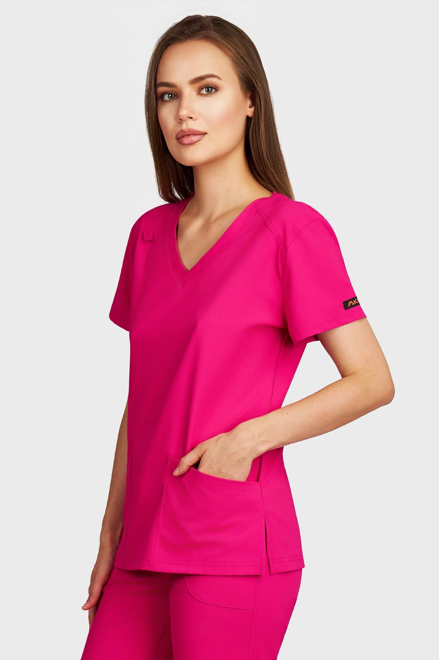 Bluza medicala femei Tosca fucsia stretch - vedere laterala - AKITEX